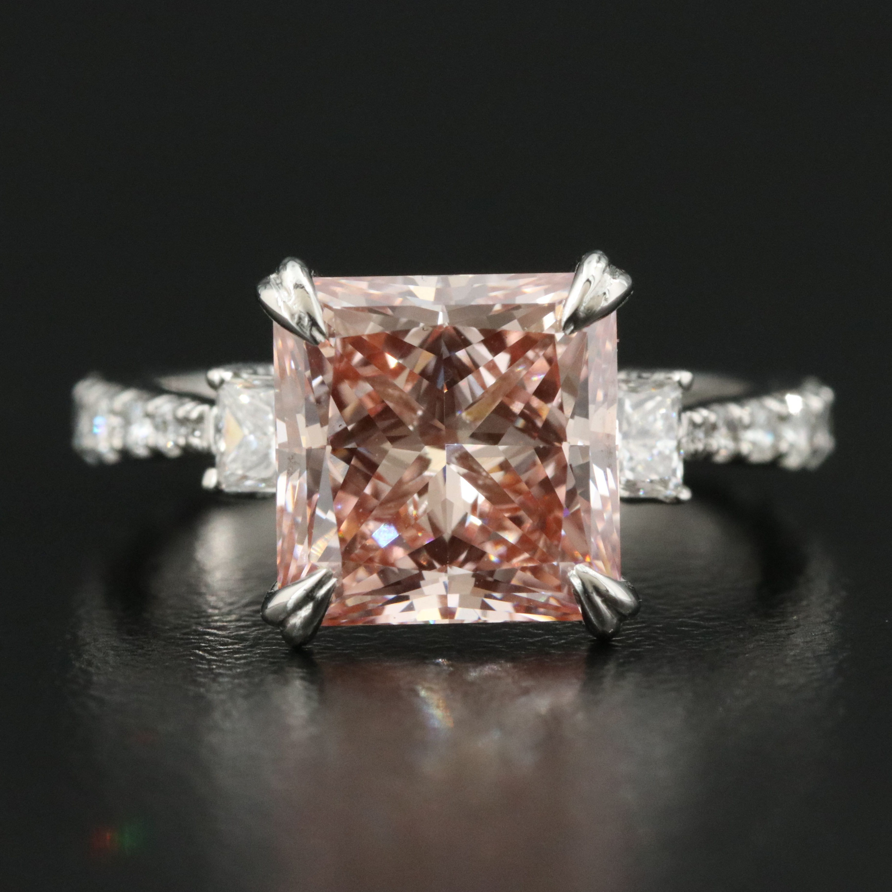 Platinum 4.90 CTW Lab Grown Diamond Ring with Fancy Pink Center and IGI Report