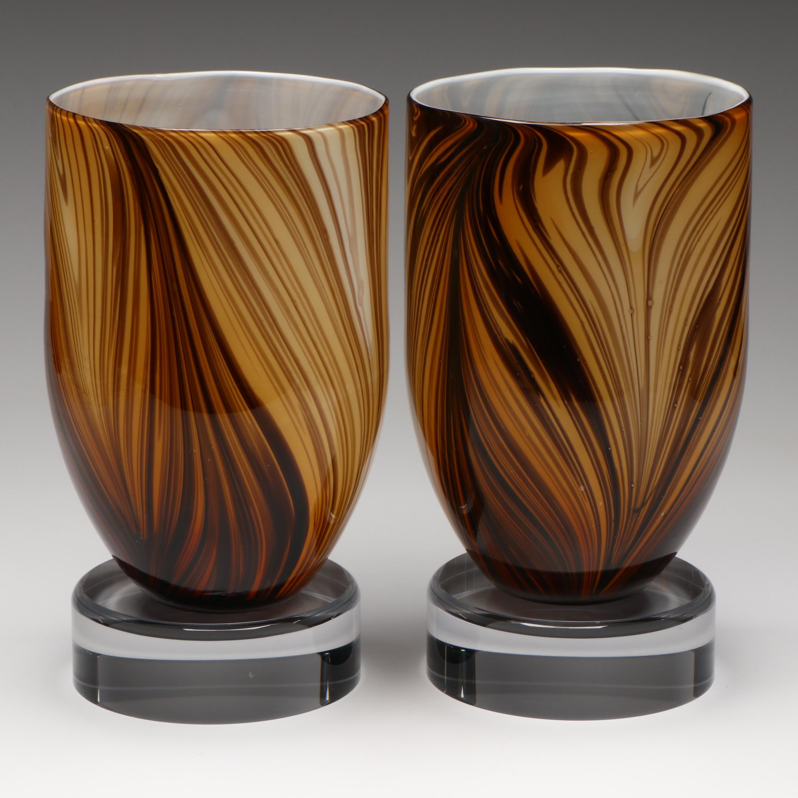 Pair of Tozai Home Contemporary Feather Pulled Glass Vases on Acrylic Bases