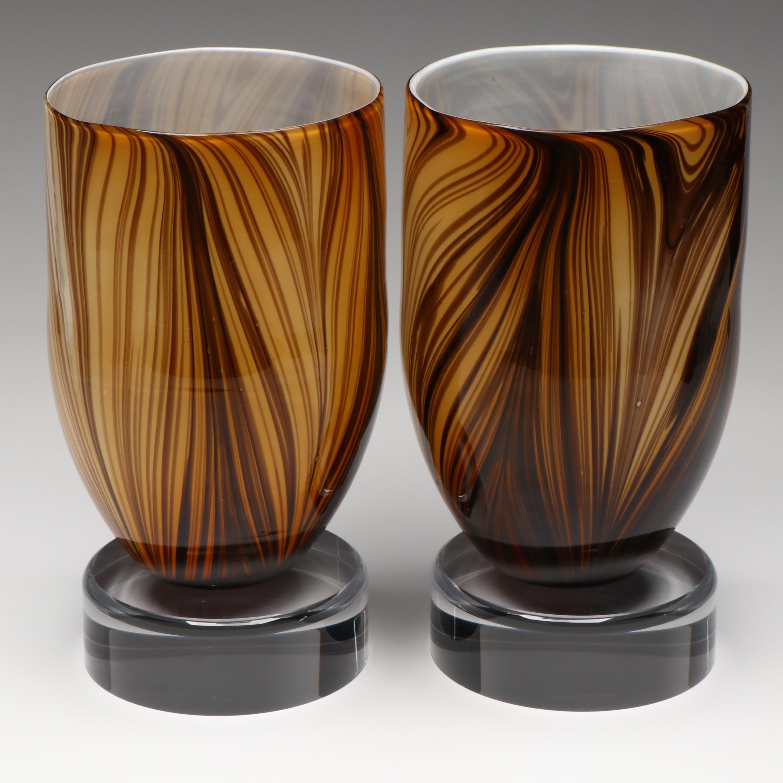 Pair of Tozai Home Contemporary Feather Pulled Glass Vases on Acrylic Bases