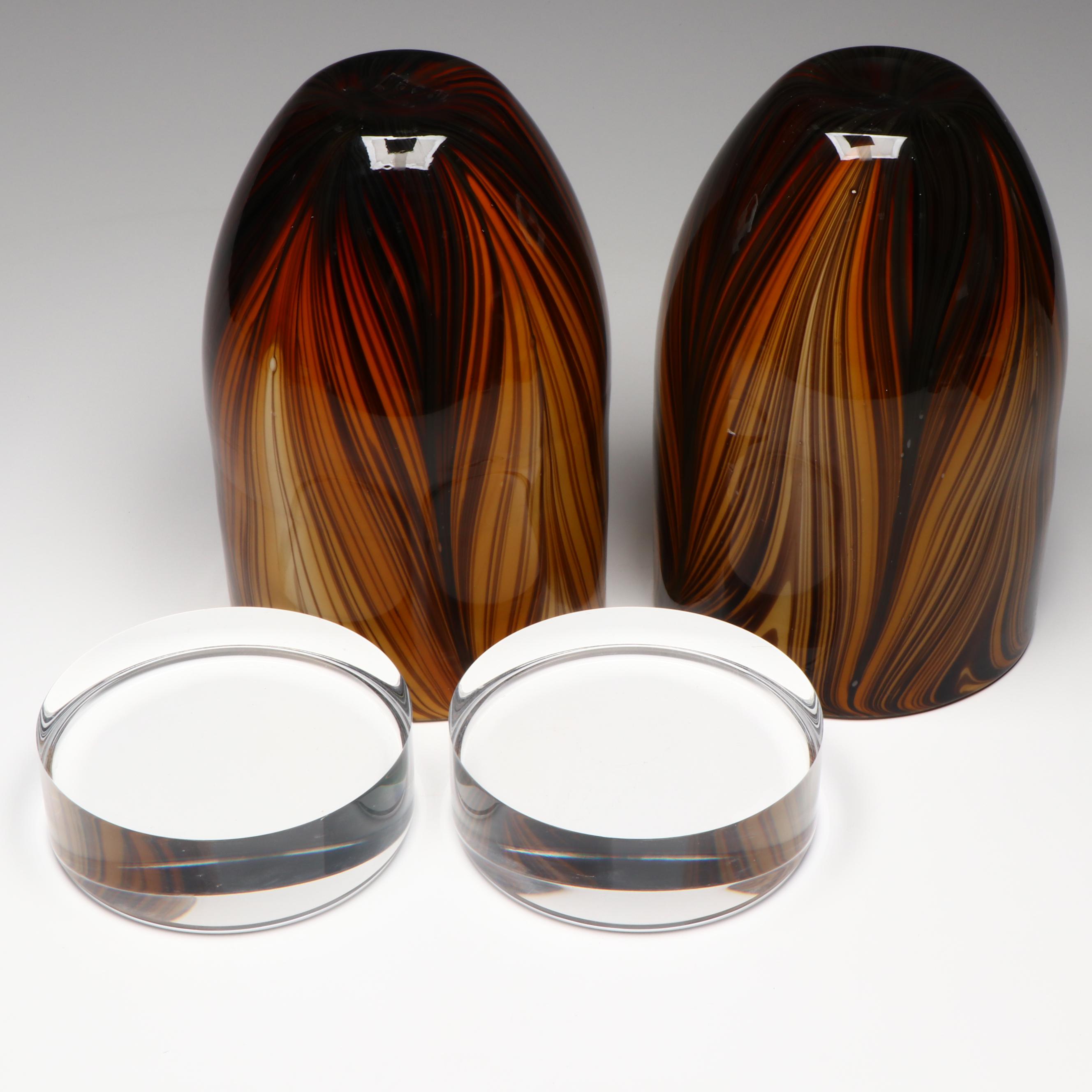 Pair of Tozai Home Contemporary Feather Pulled Glass Vases on Acrylic Bases