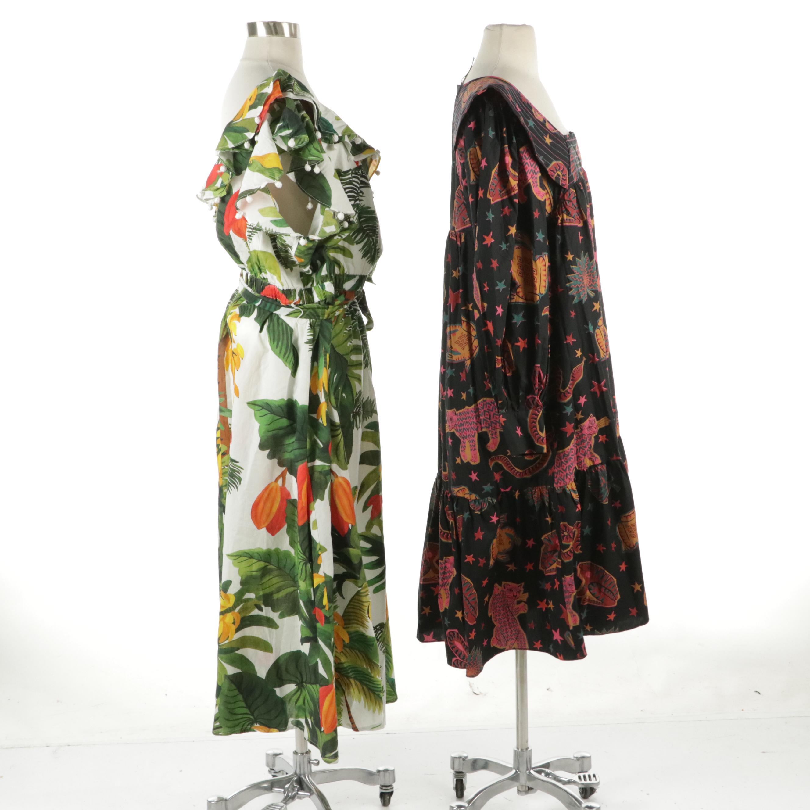 Farm Rio White Coco Forest One-Shoulder and Square Neck Animal Sky Maxi Dresses