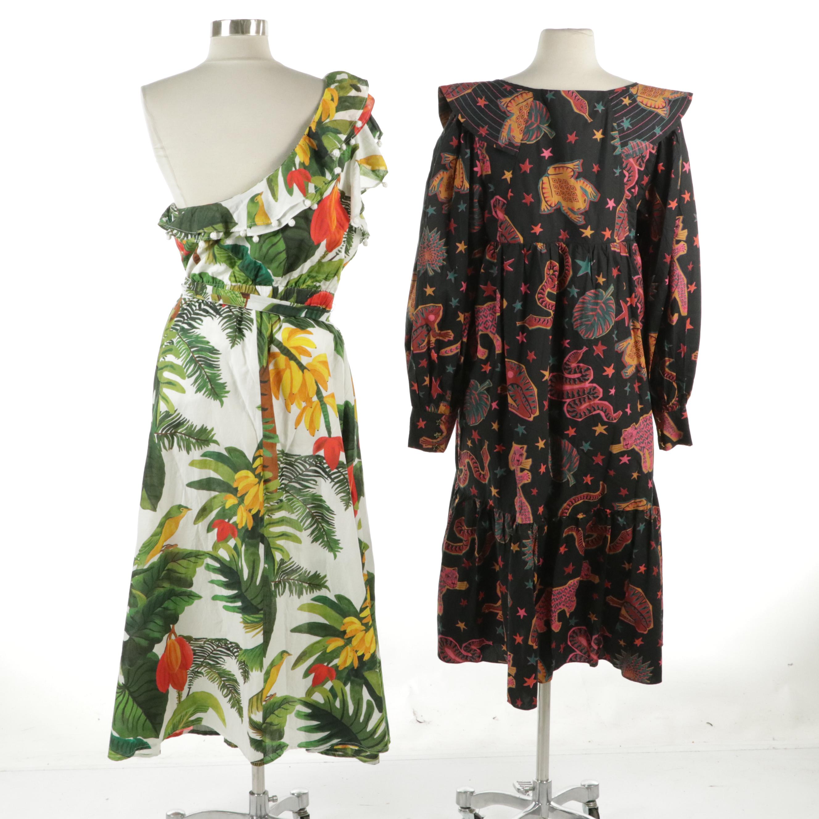 Farm Rio White Coco Forest One-Shoulder and Square Neck Animal Sky Maxi Dresses