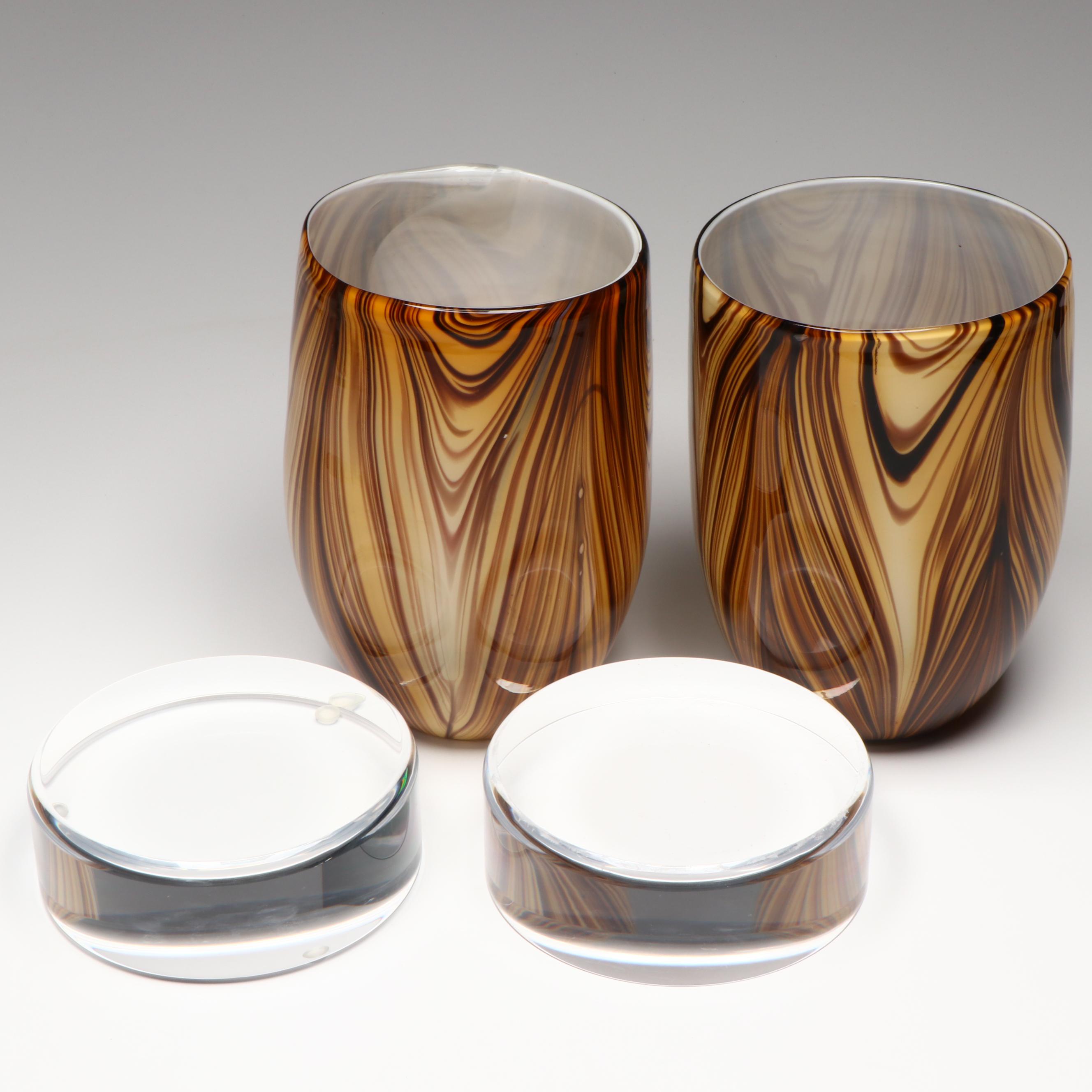 Pair of Tozai Home Contemporary Feather Pulled Glass Vases with Acrylic Bases