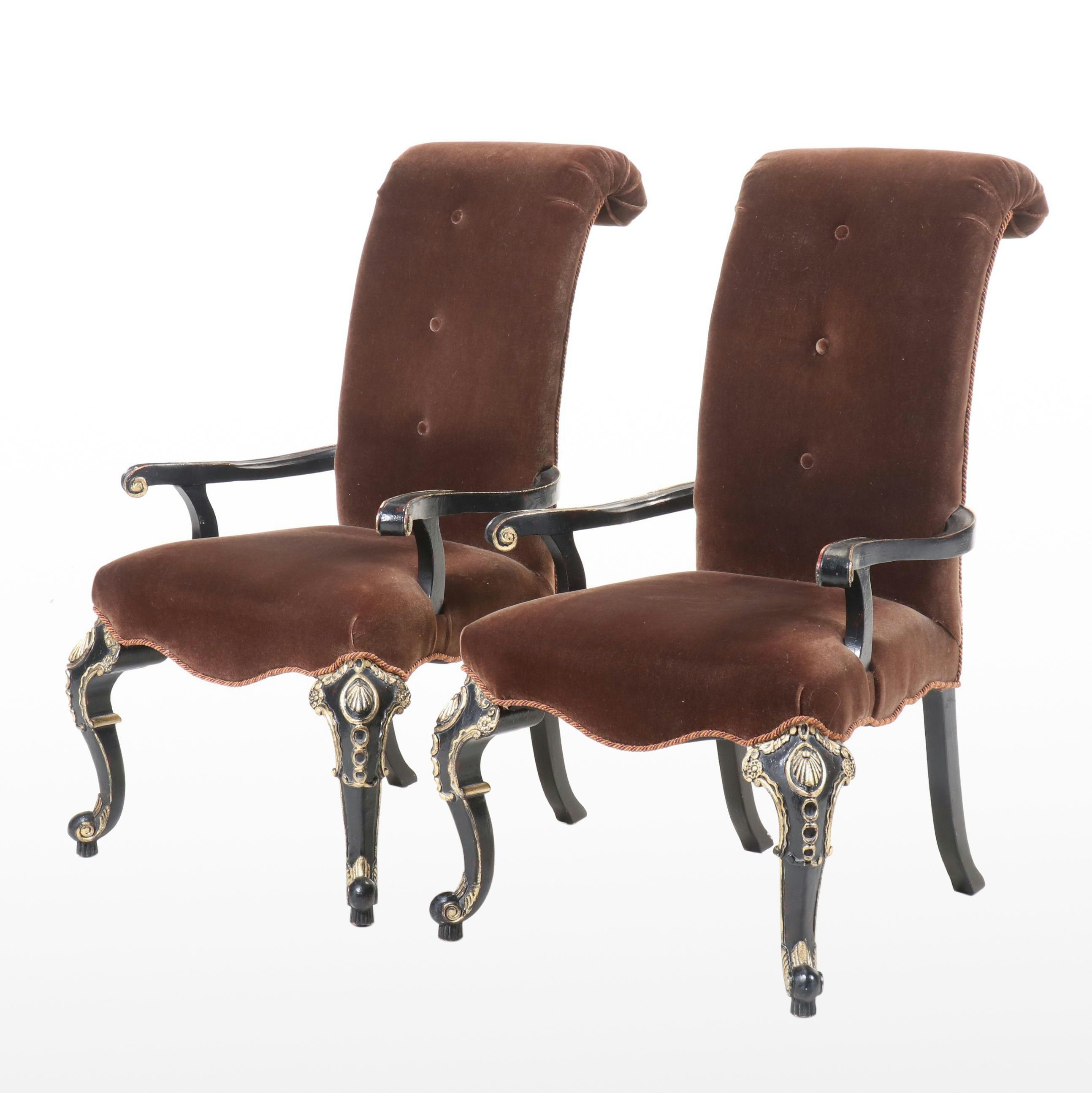 Pair of Louis XVI Style Button-Tufted Mohair, Gilt and Painted Wood Fauteuils