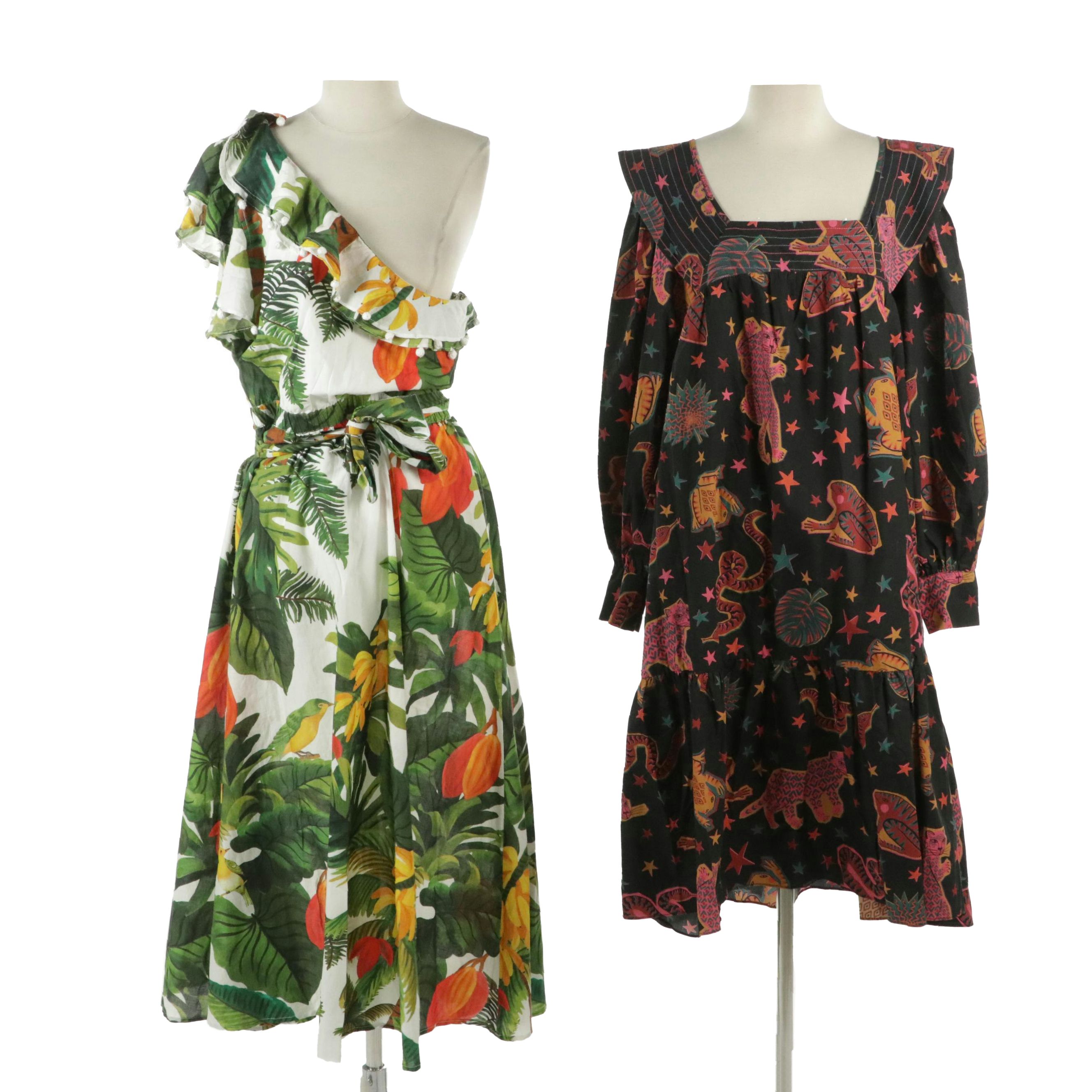 Farm Rio White Coco Forest One-Shoulder and Square Neck Animal Sky Maxi Dresses