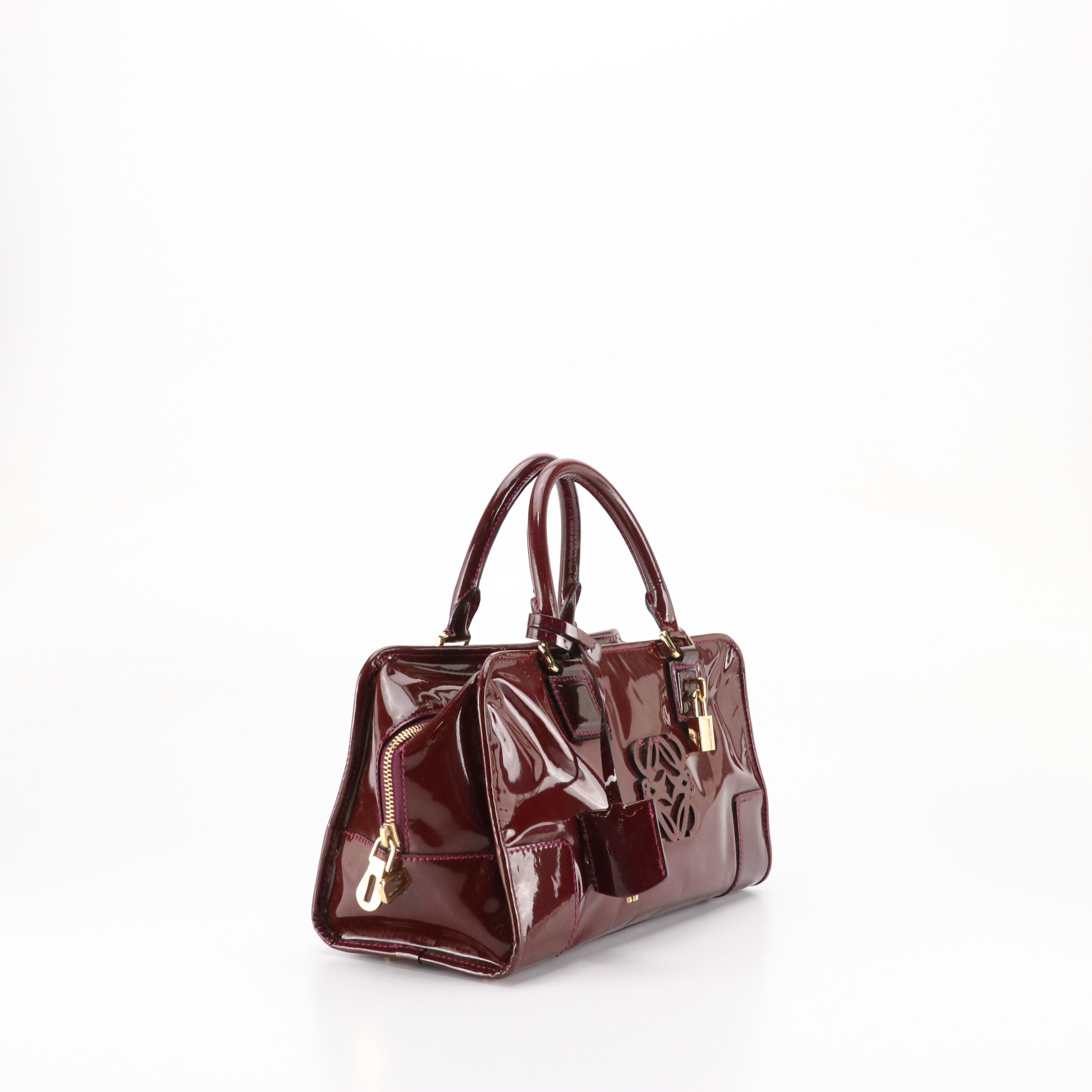 Loewe Amazona 28 Handbag in Plum Purple Patent Leather