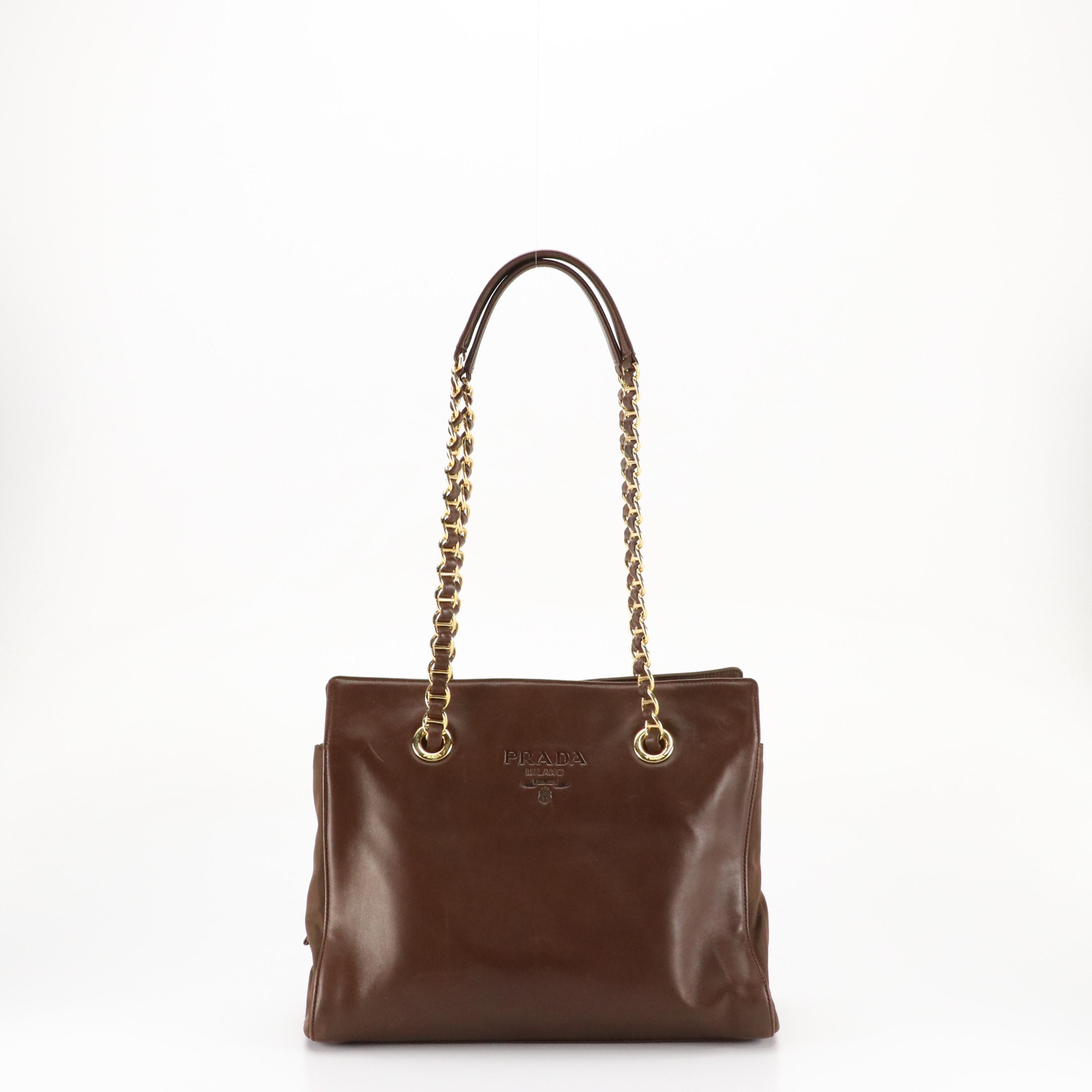 Prada Chain Link Shoulder Bag Tote in Dark Brown Lambskin Leather & Nylon