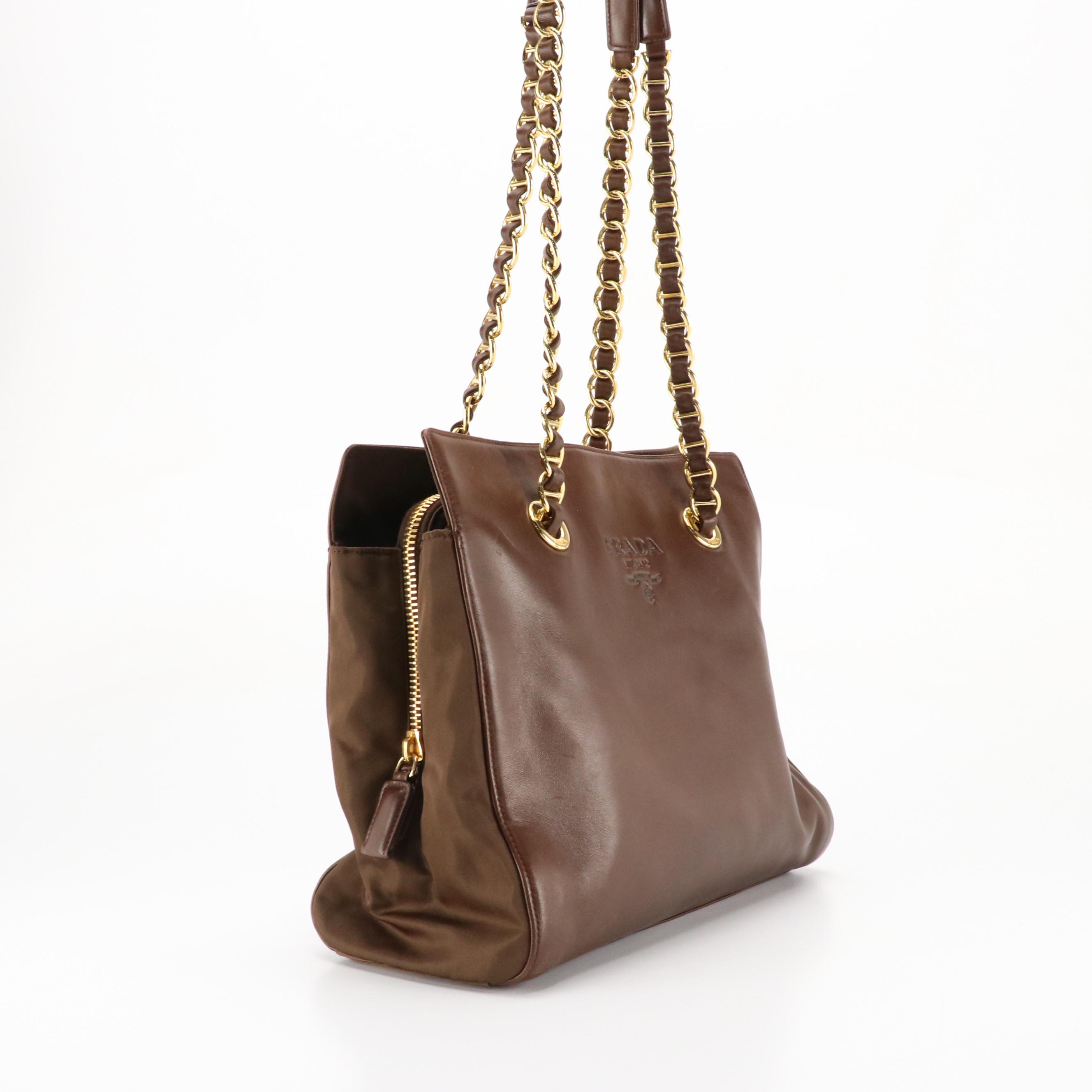 Prada Chain Link Shoulder Bag Tote in Dark Brown Lambskin Leather & Nylon