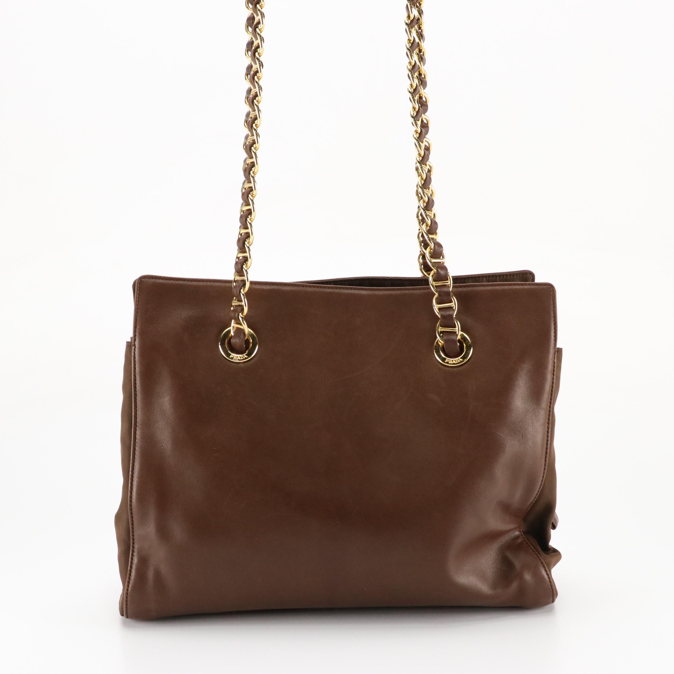 Prada Chain Link Shoulder Bag Tote in Dark Brown Lambskin Leather & Nylon