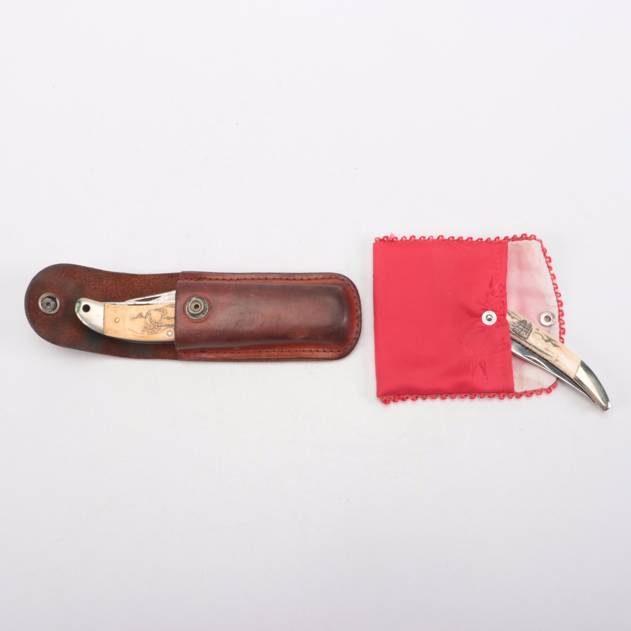 National Bone Handle and Schrade Antler Handle Pocket Knives with Whale Tooth