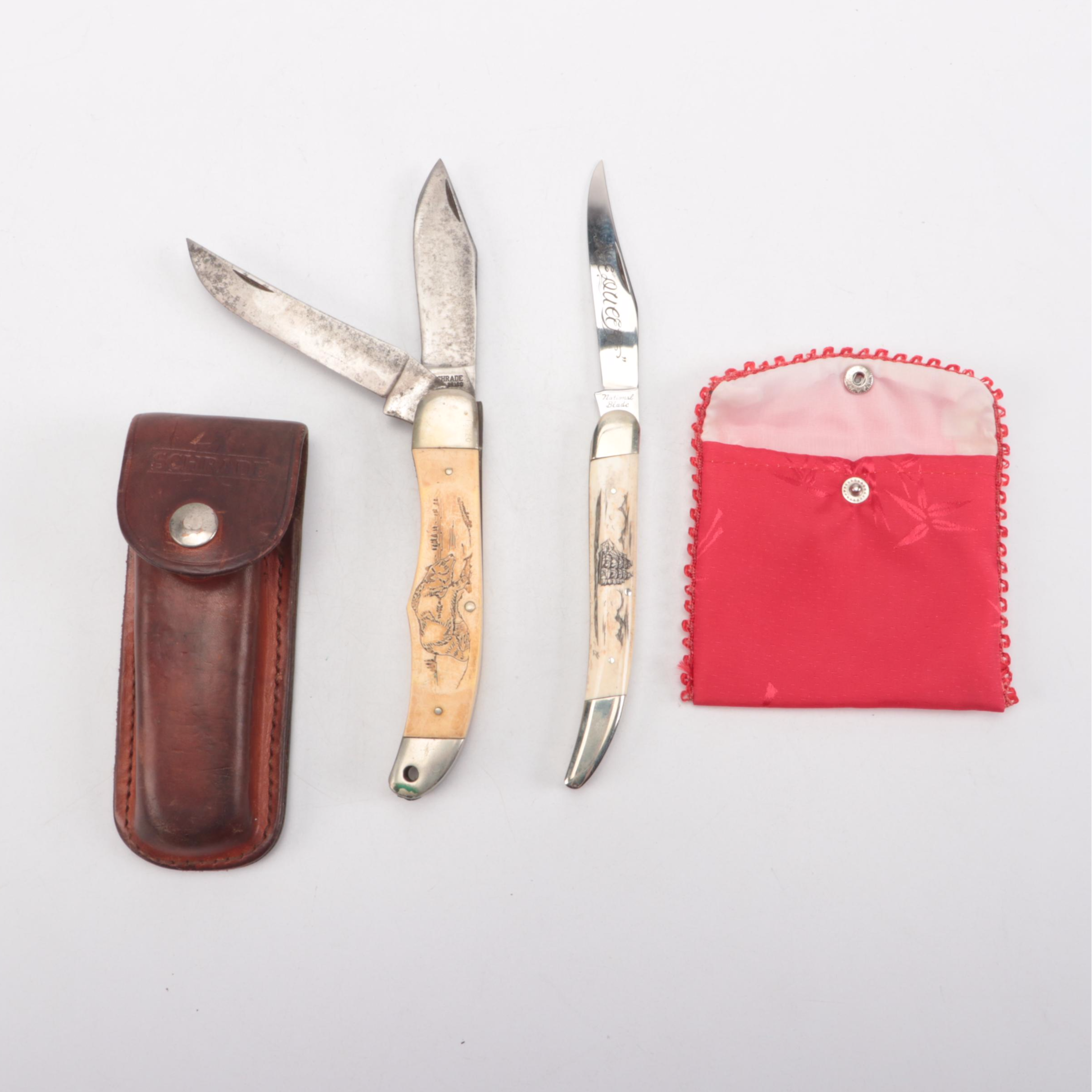 National Bone Handle and Schrade Antler Handle Pocket Knives with Whale Tooth