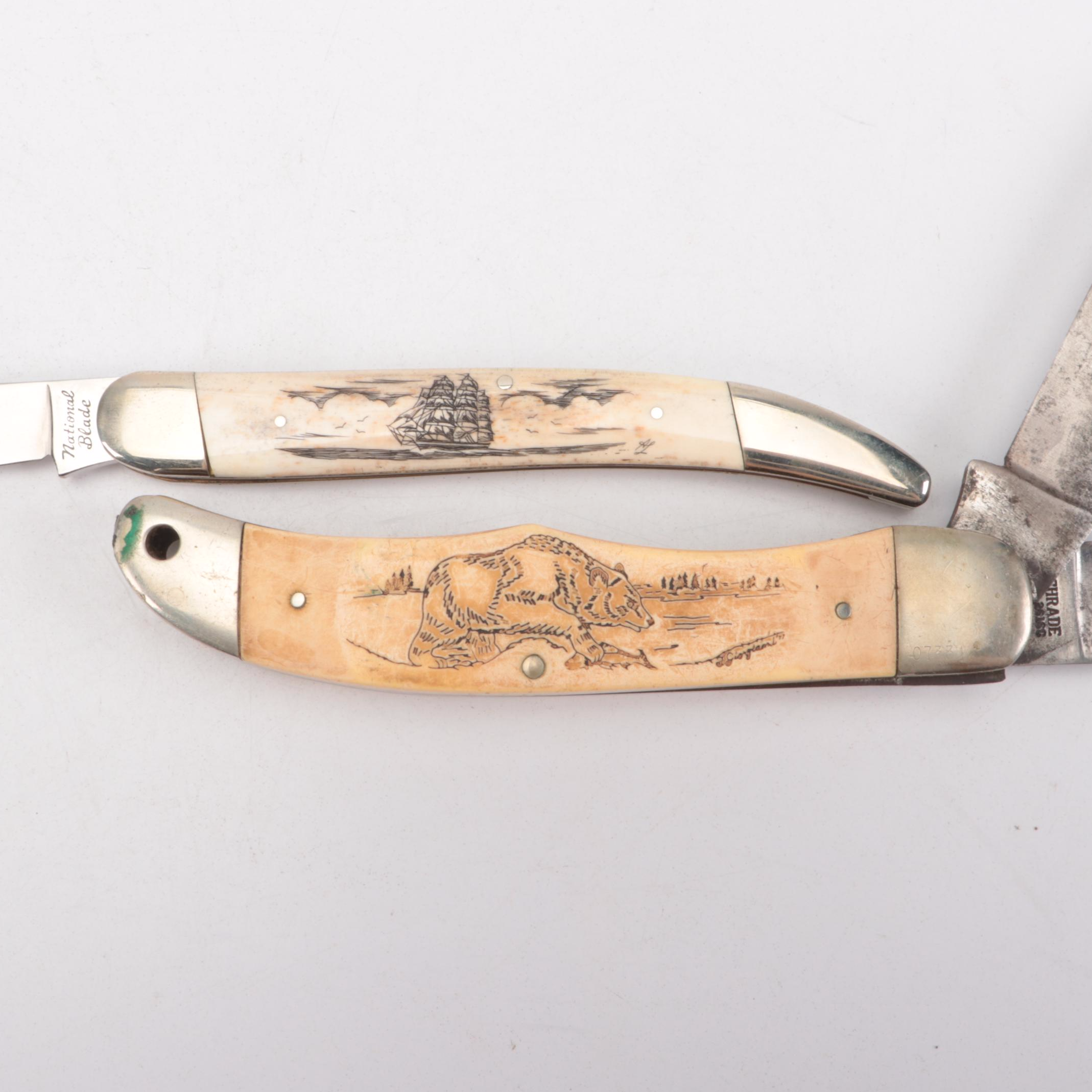 National Bone Handle and Schrade Antler Handle Pocket Knives with Whale Tooth