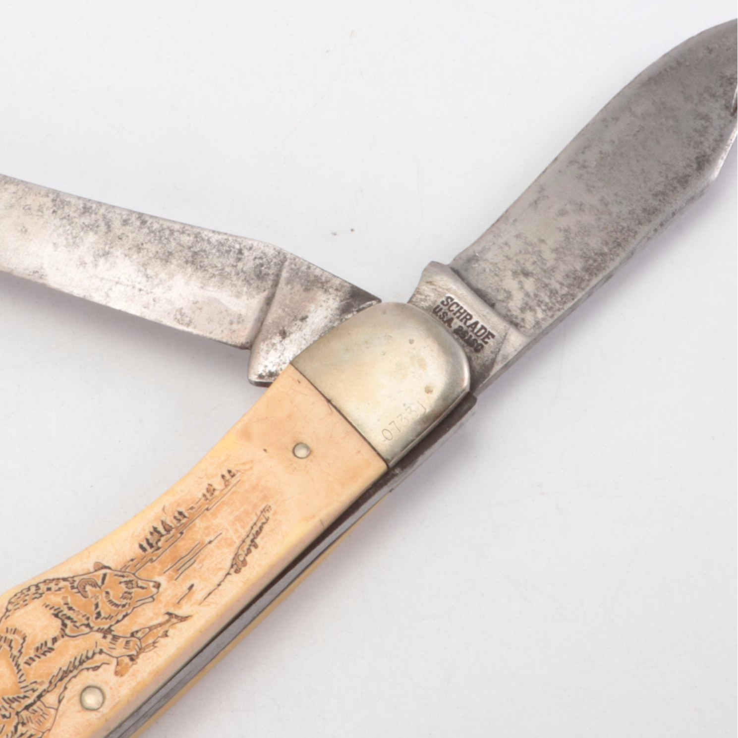 National Bone Handle and Schrade Antler Handle Pocket Knives with Whale Tooth