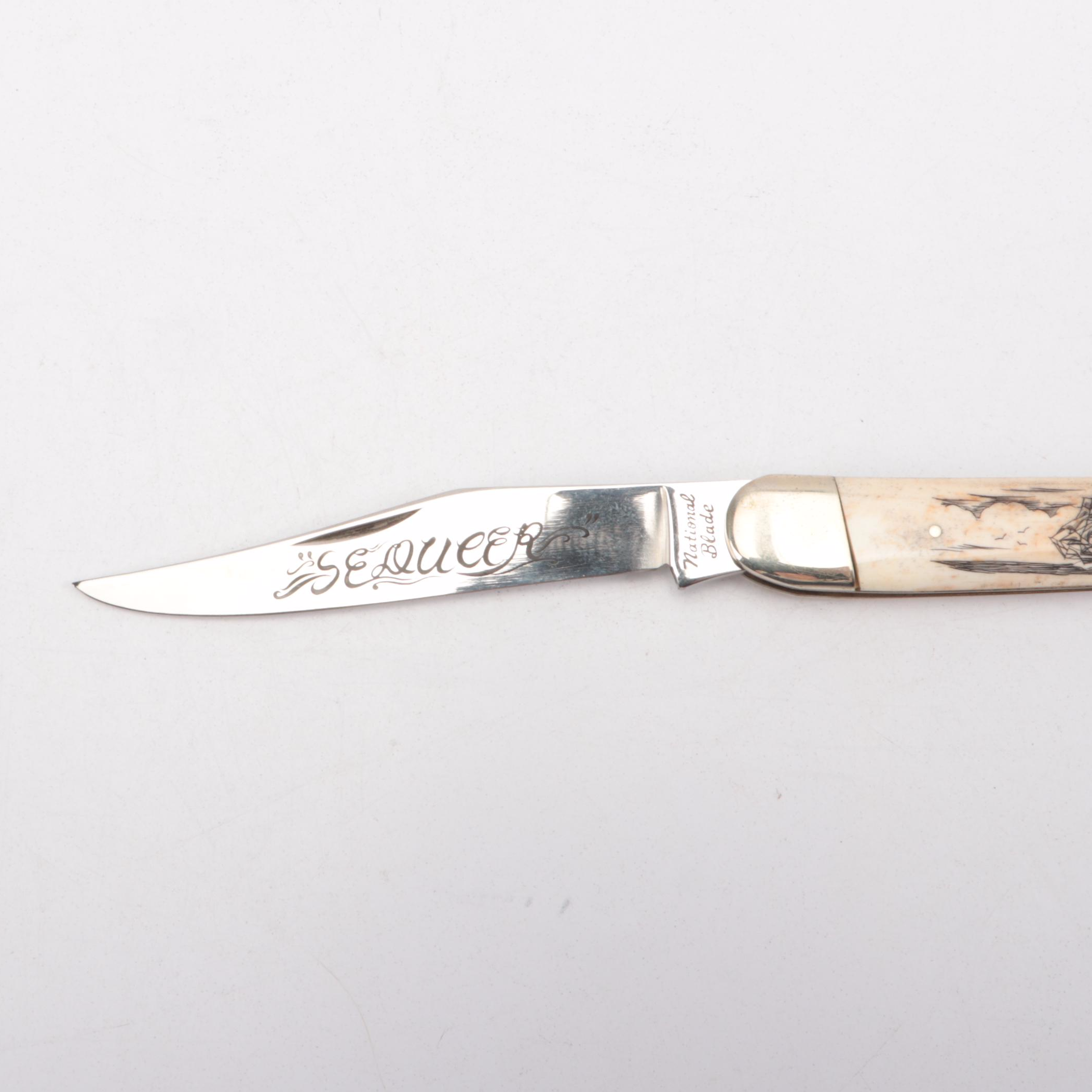 National Bone Handle and Schrade Antler Handle Pocket Knives with Whale Tooth