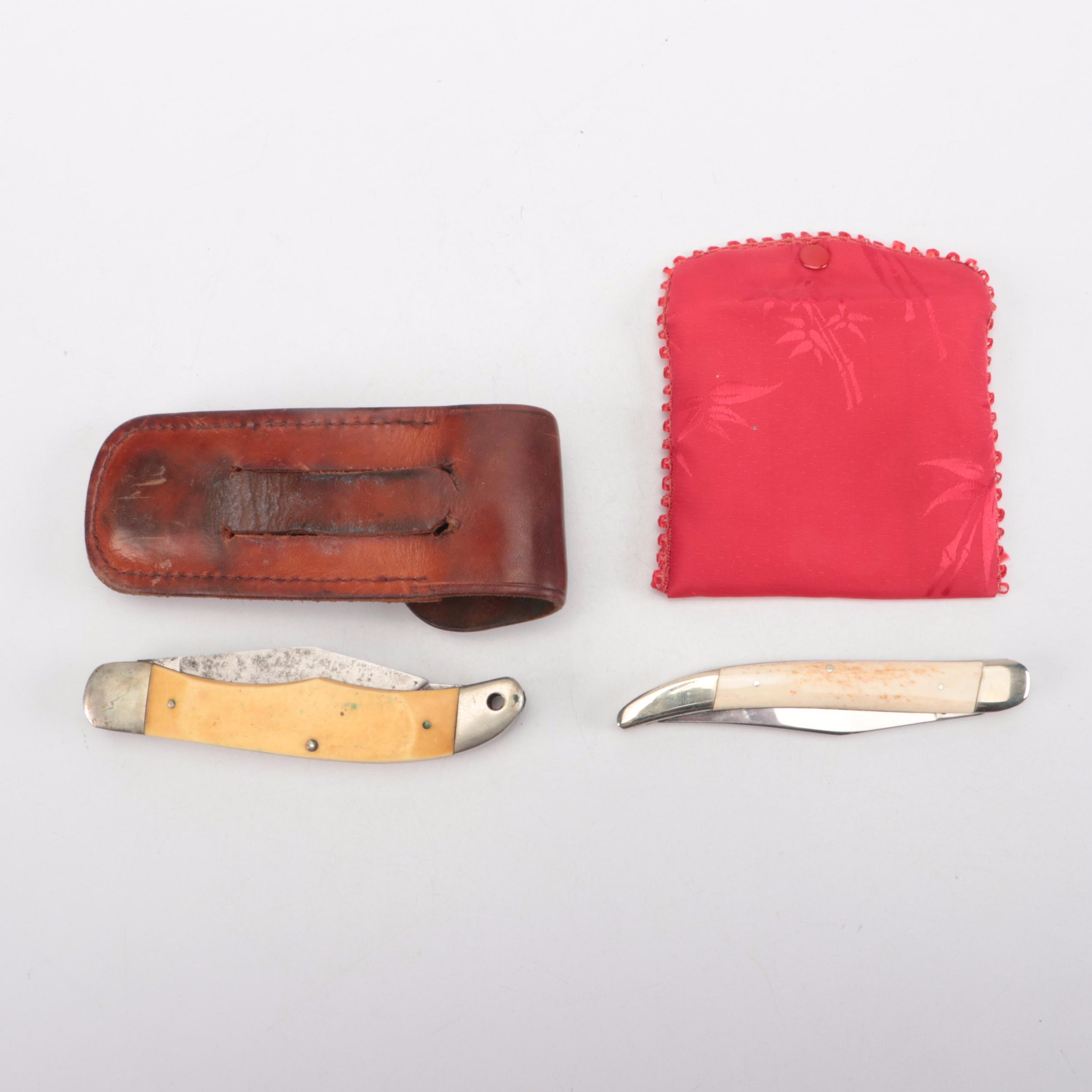 National Bone Handle and Schrade Antler Handle Pocket Knives with Whale Tooth