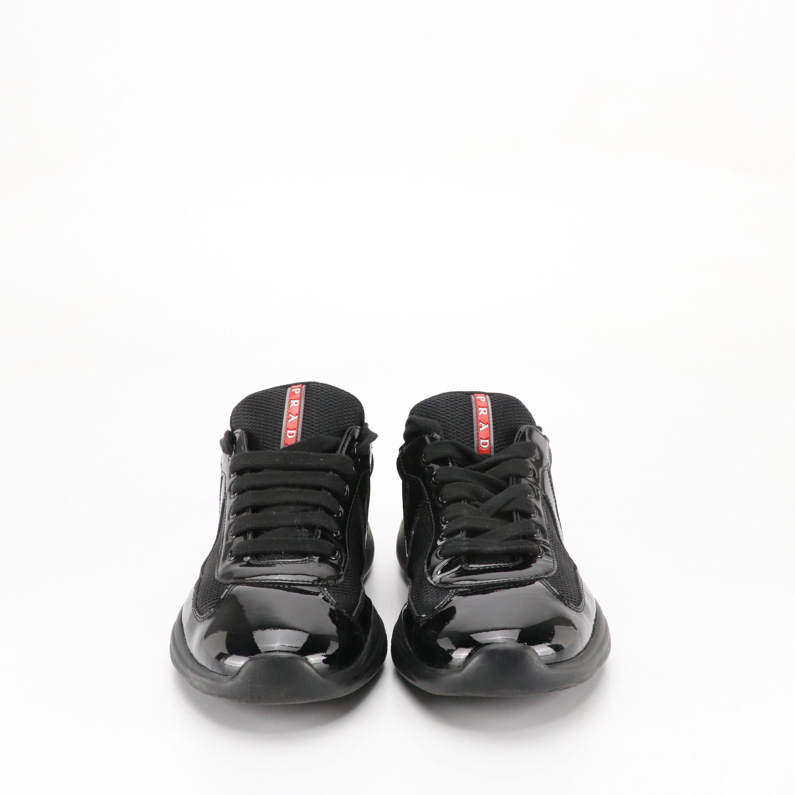 Men's Prada 'America's Cup' Black Patent Leather and Nylon Mesh Sneakers in Box