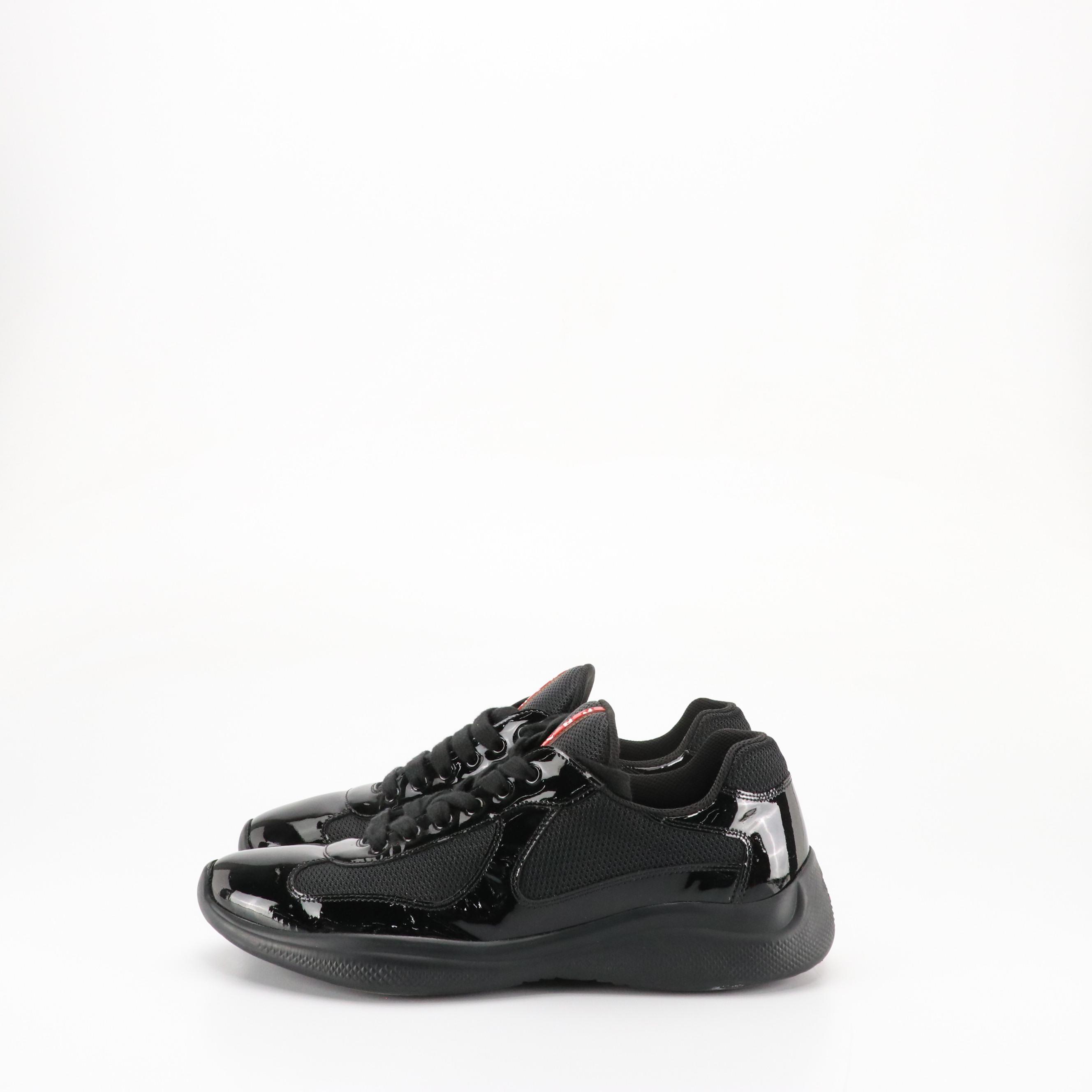 Men's Prada 'America's Cup' Black Patent Leather and Nylon Mesh Sneakers in Box