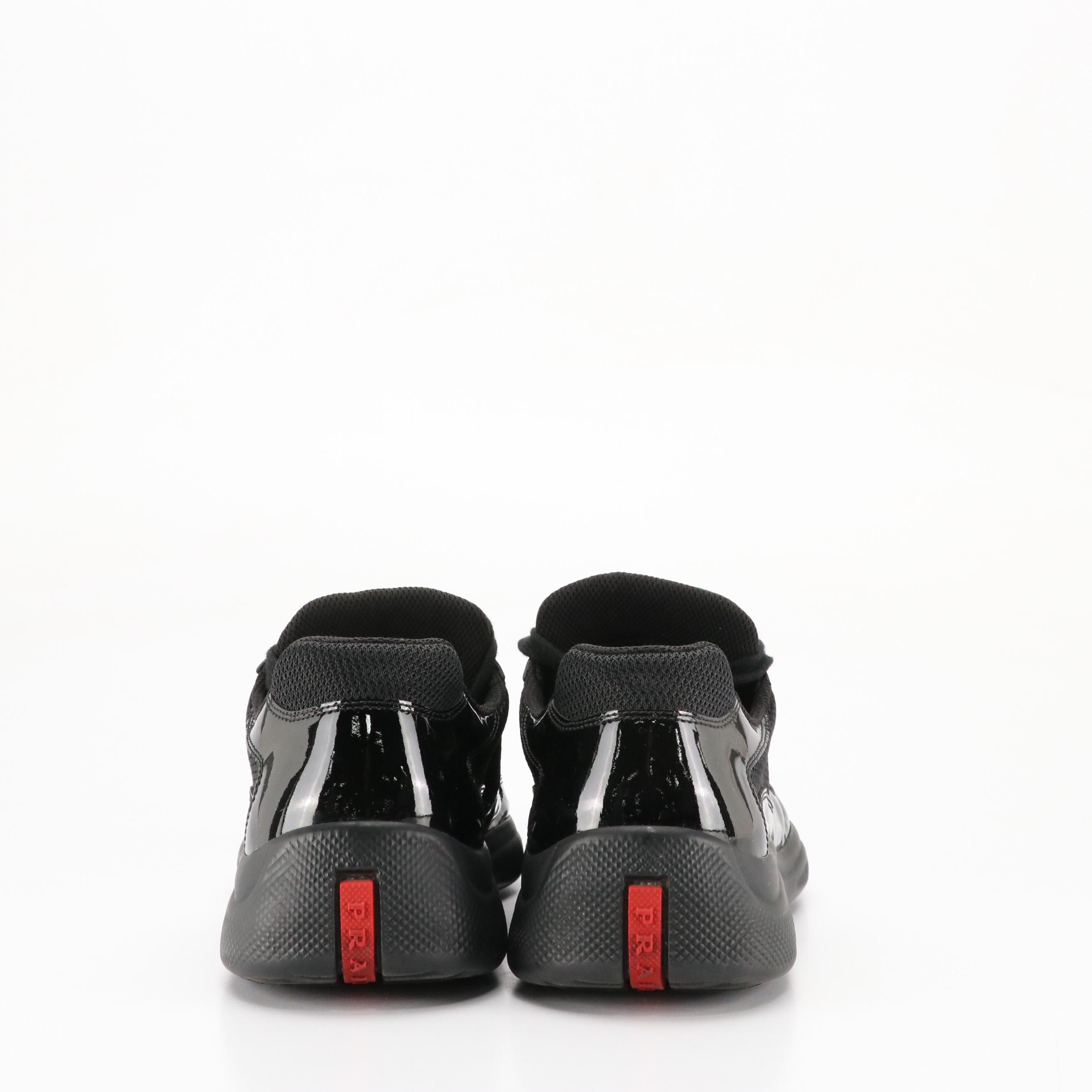 Men's Prada 'America's Cup' Black Patent Leather and Nylon Mesh Sneakers in Box