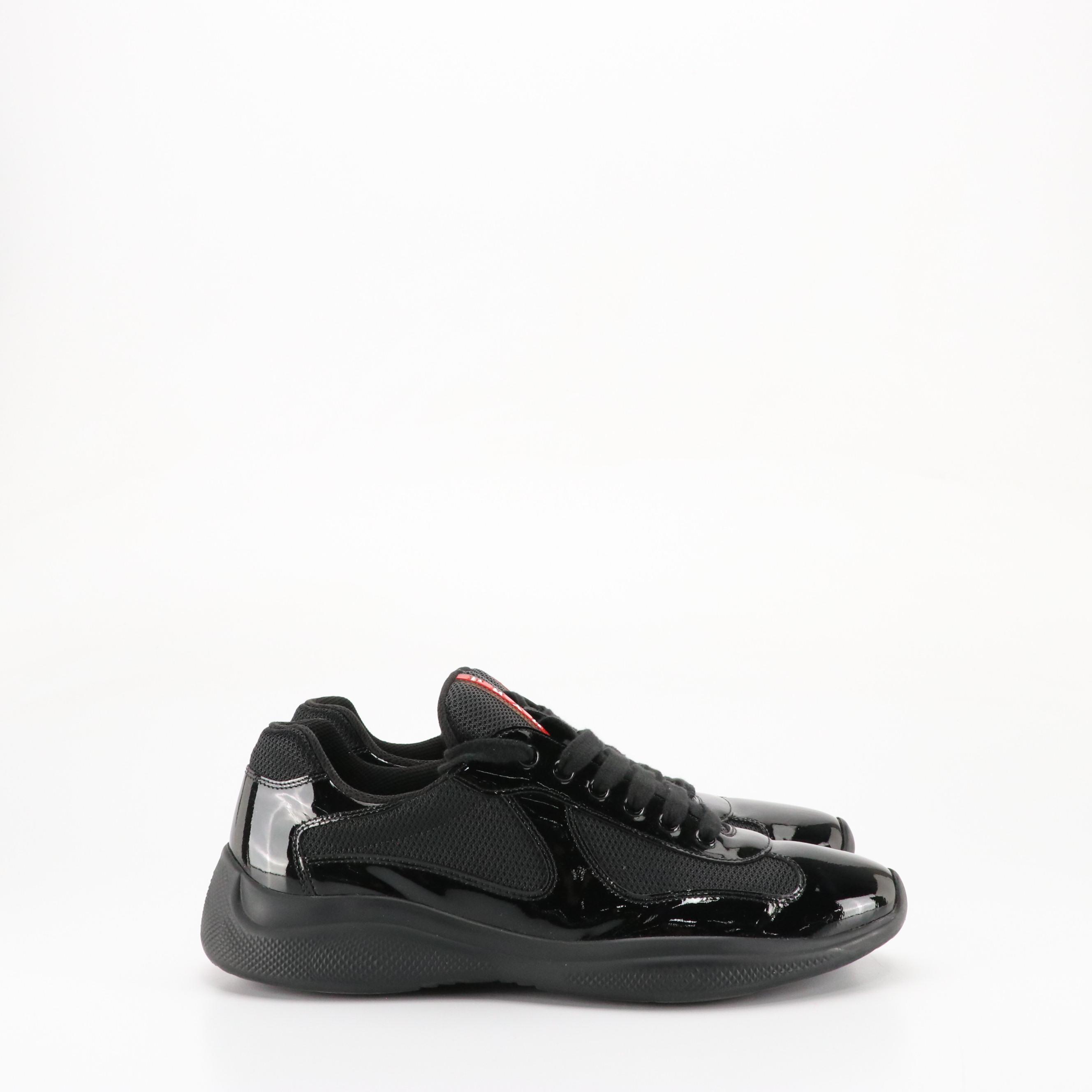 Men's Prada 'America's Cup' Black Patent Leather and Nylon Mesh Sneakers in Box