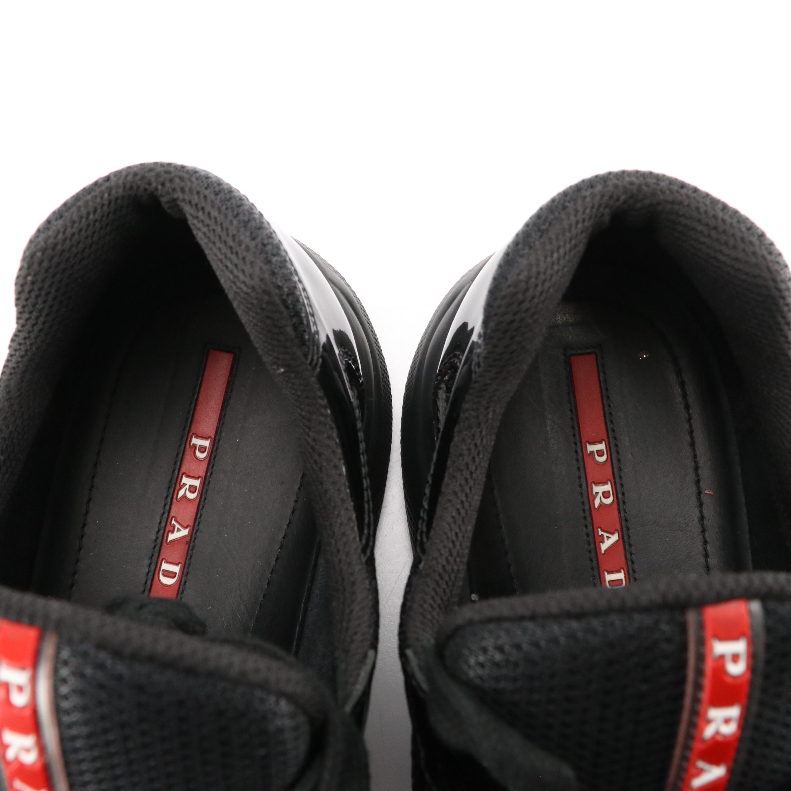 Men's Prada 'America's Cup' Black Patent Leather and Nylon Mesh Sneakers in Box