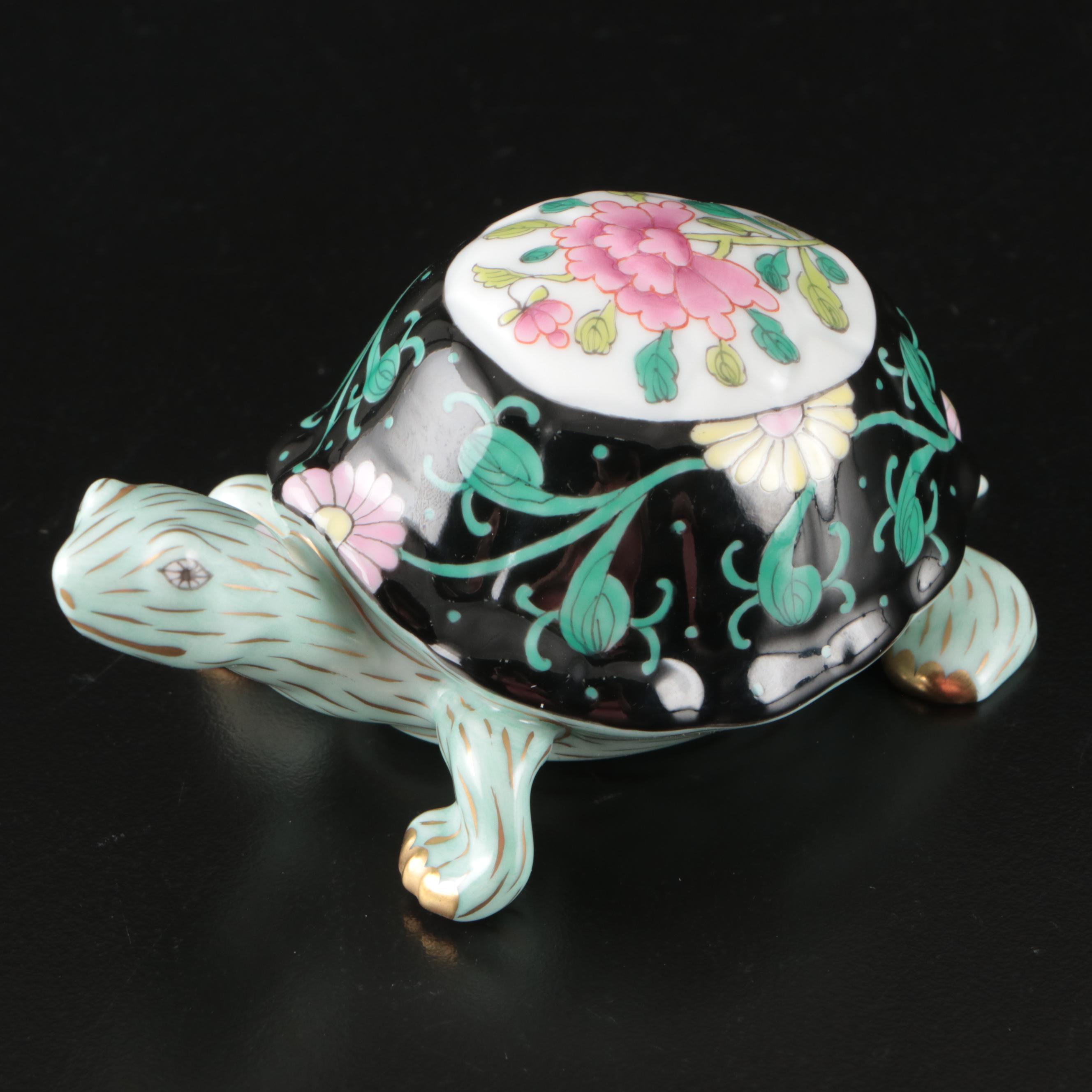 Signed Herend Porcelain "Black Dynasty" or "Siang Black" Turtle Shaped Box