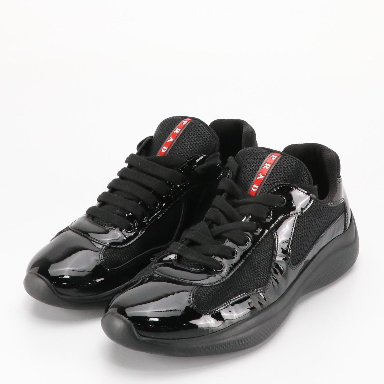 Men's Prada 'America's Cup' Black Patent Leather and Nylon Mesh Sneakers in Box