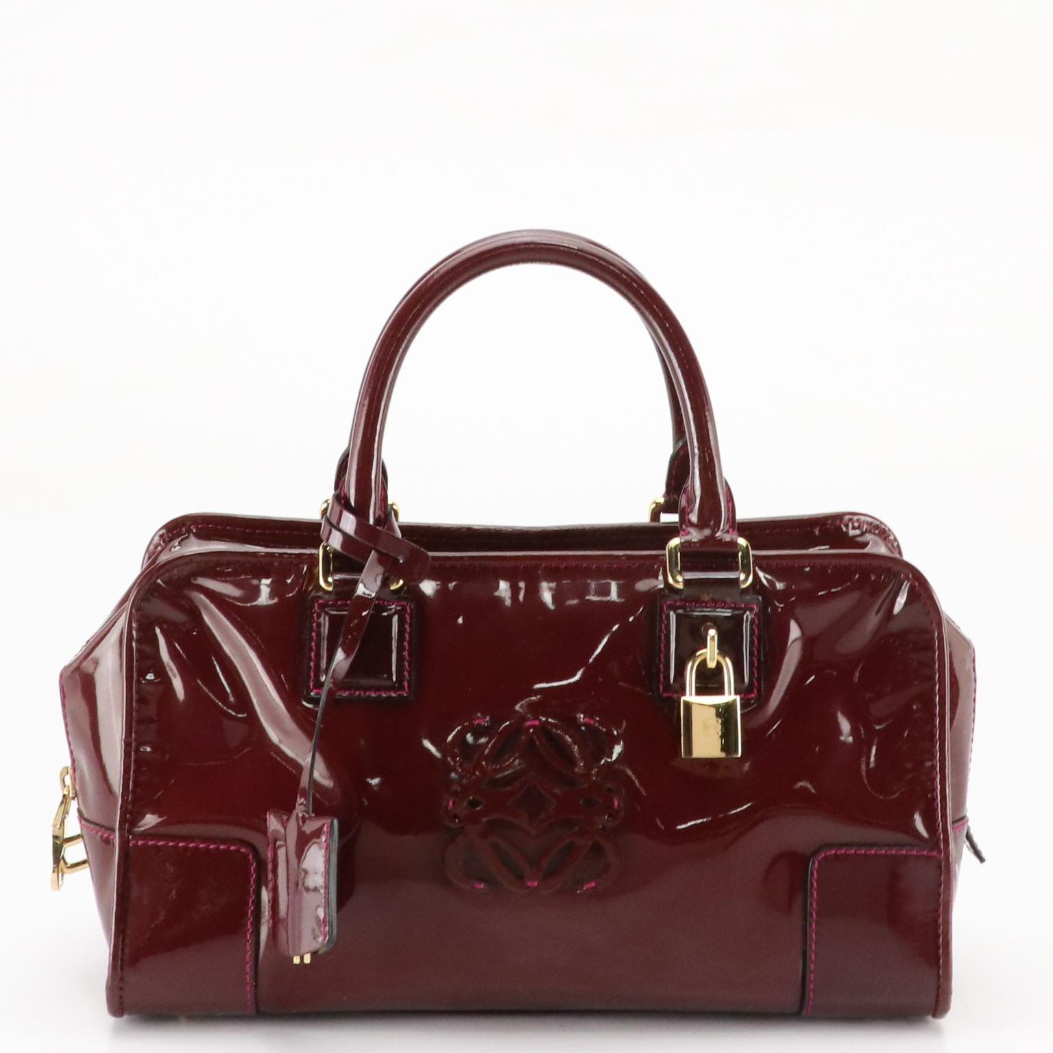 Loewe Amazona 28 Handbag in Plum Purple Patent Leather