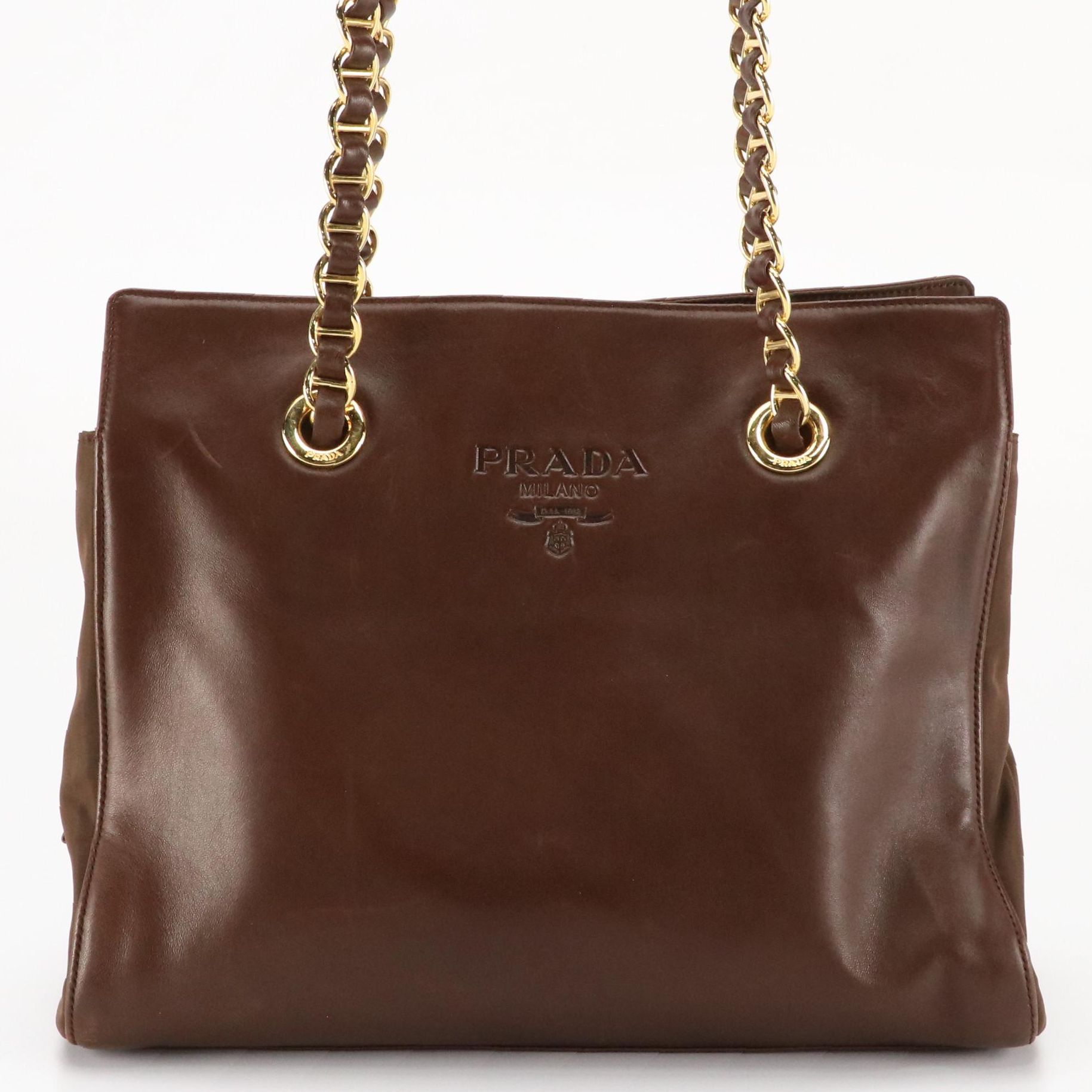 Prada Chain Link Shoulder Bag Tote in Dark Brown Lambskin Leather & Nylon