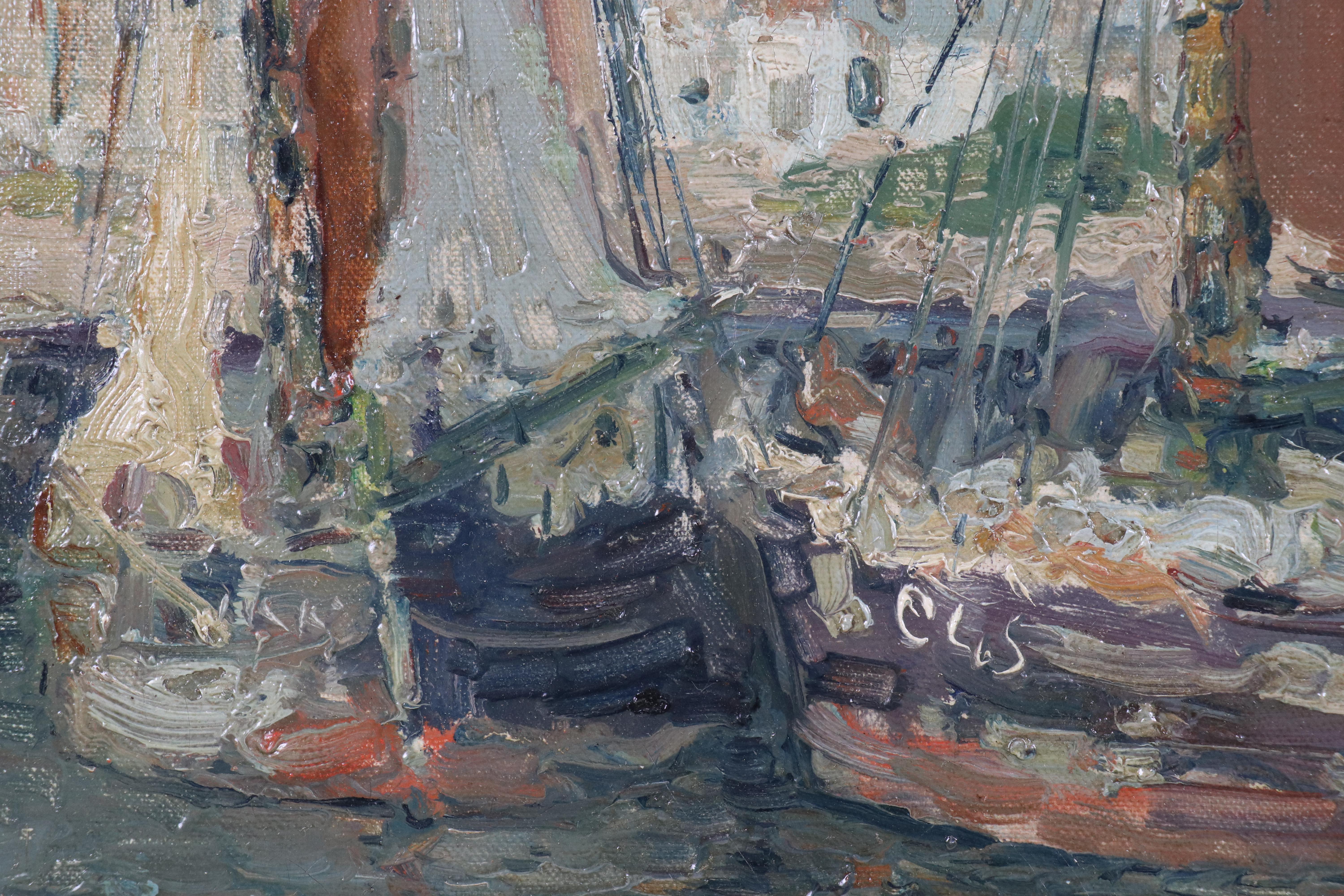 Rene Clarot Maritime Landscape Oil Painting of Port Scene, 1925