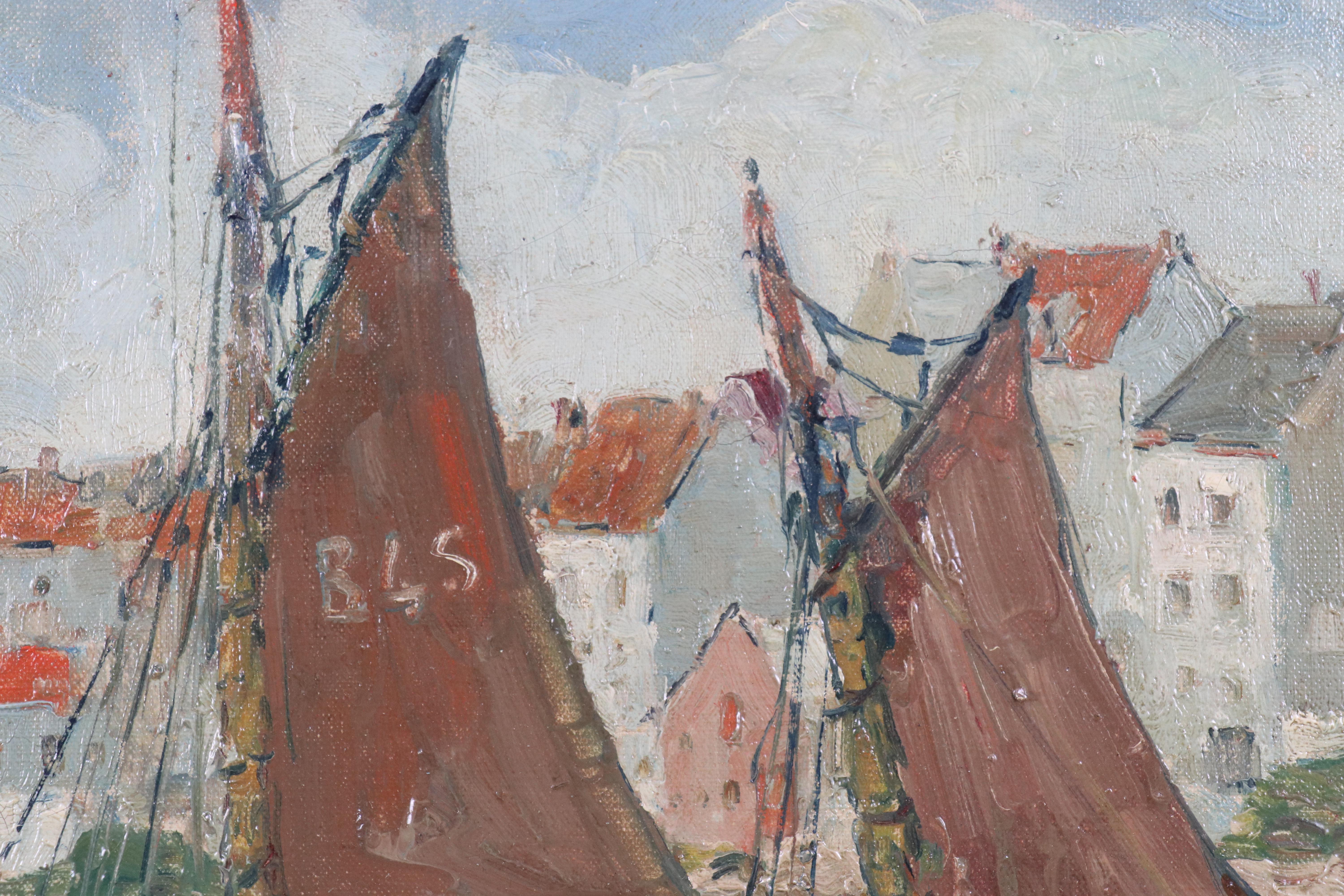 Rene Clarot Maritime Landscape Oil Painting of Port Scene, 1925