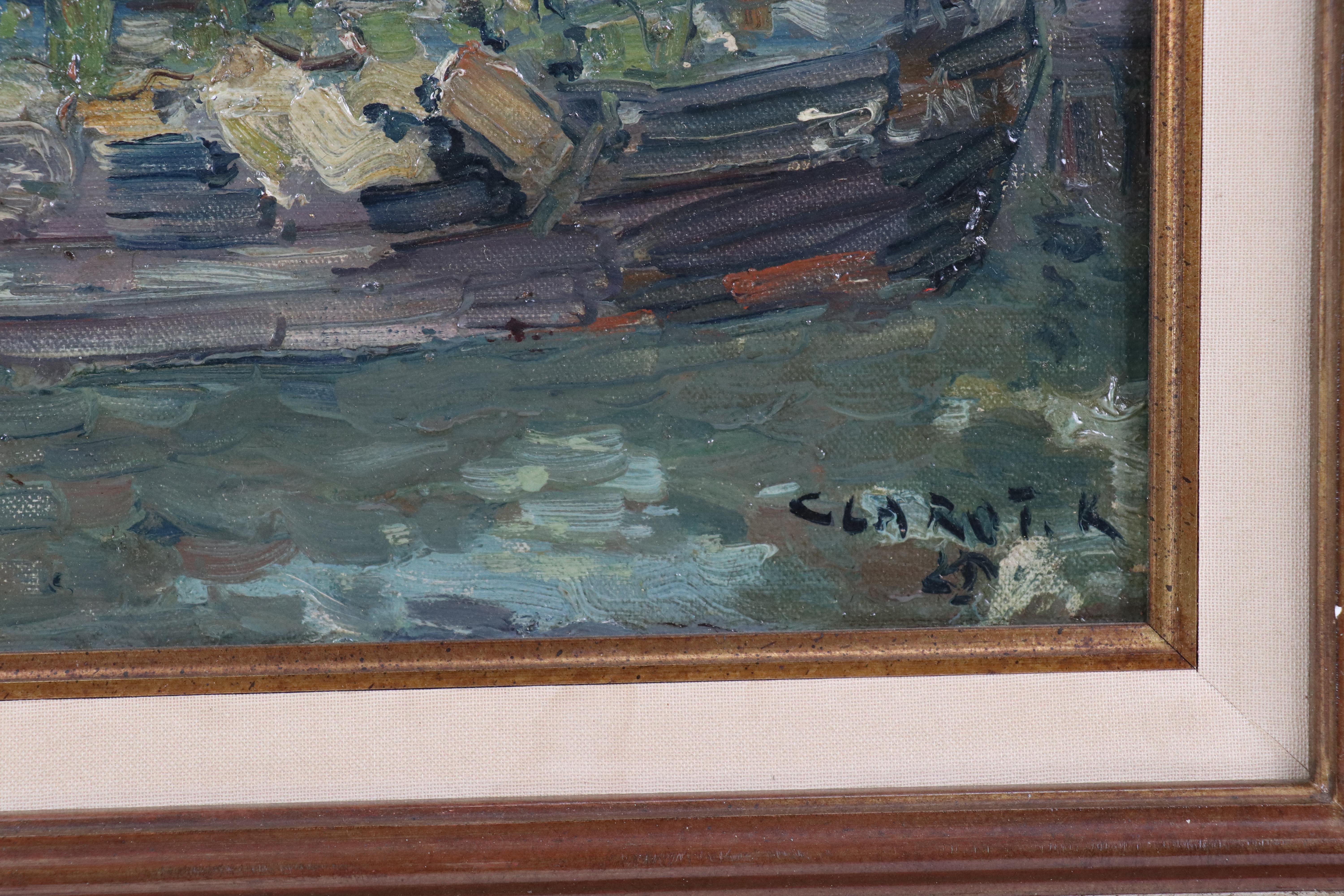 Rene Clarot Maritime Landscape Oil Painting of Port Scene, 1925