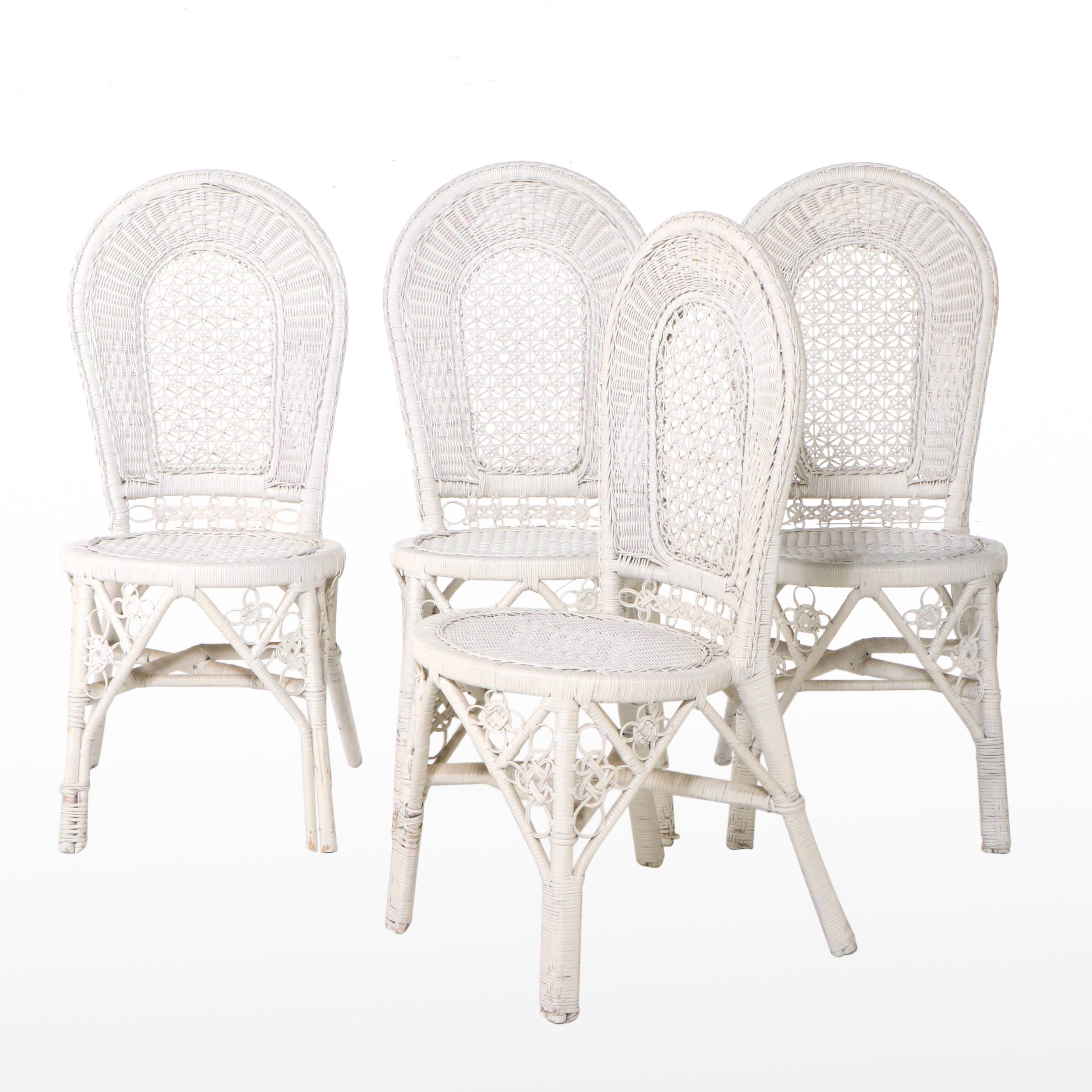 Set of Four White-Painted Wicker Rattan Dining Chairs