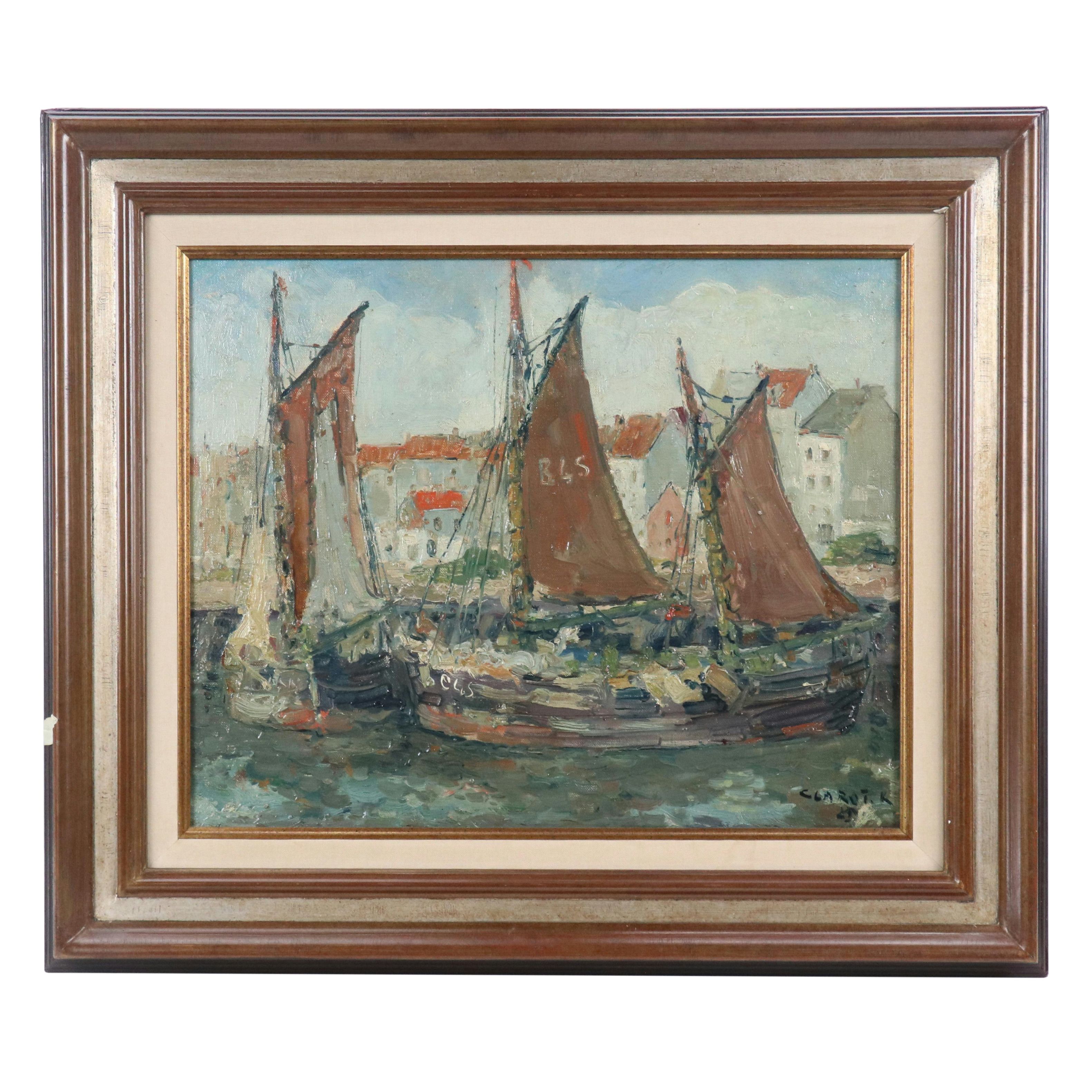 Rene Clarot Maritime Landscape Oil Painting of Port Scene, 1925