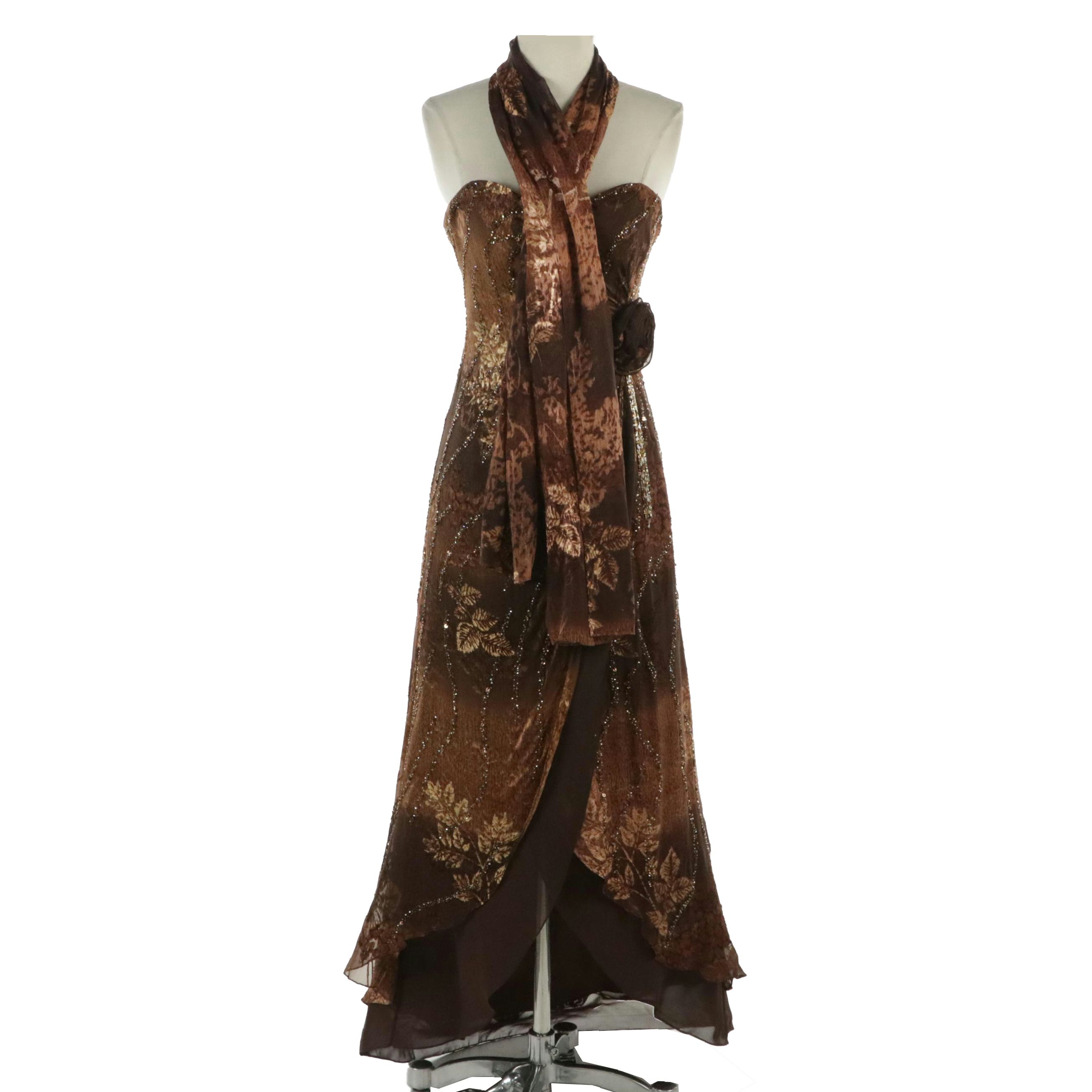 Caché Luxe Bead and Sequin Embellished Floral Silk Strapless Gown and Scarf