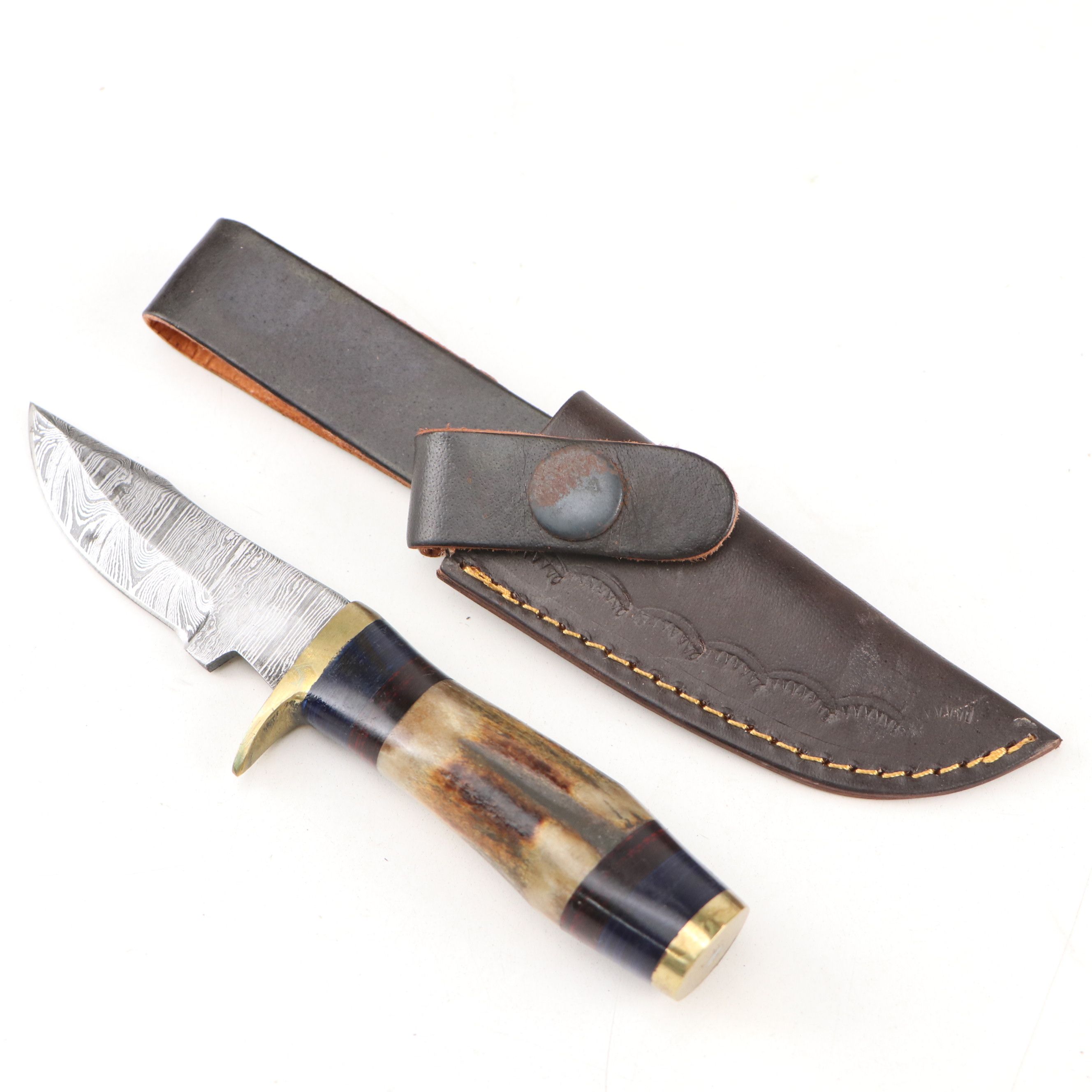 Damascus Steel Hunting and Skinner Knives in Leather Scabbards