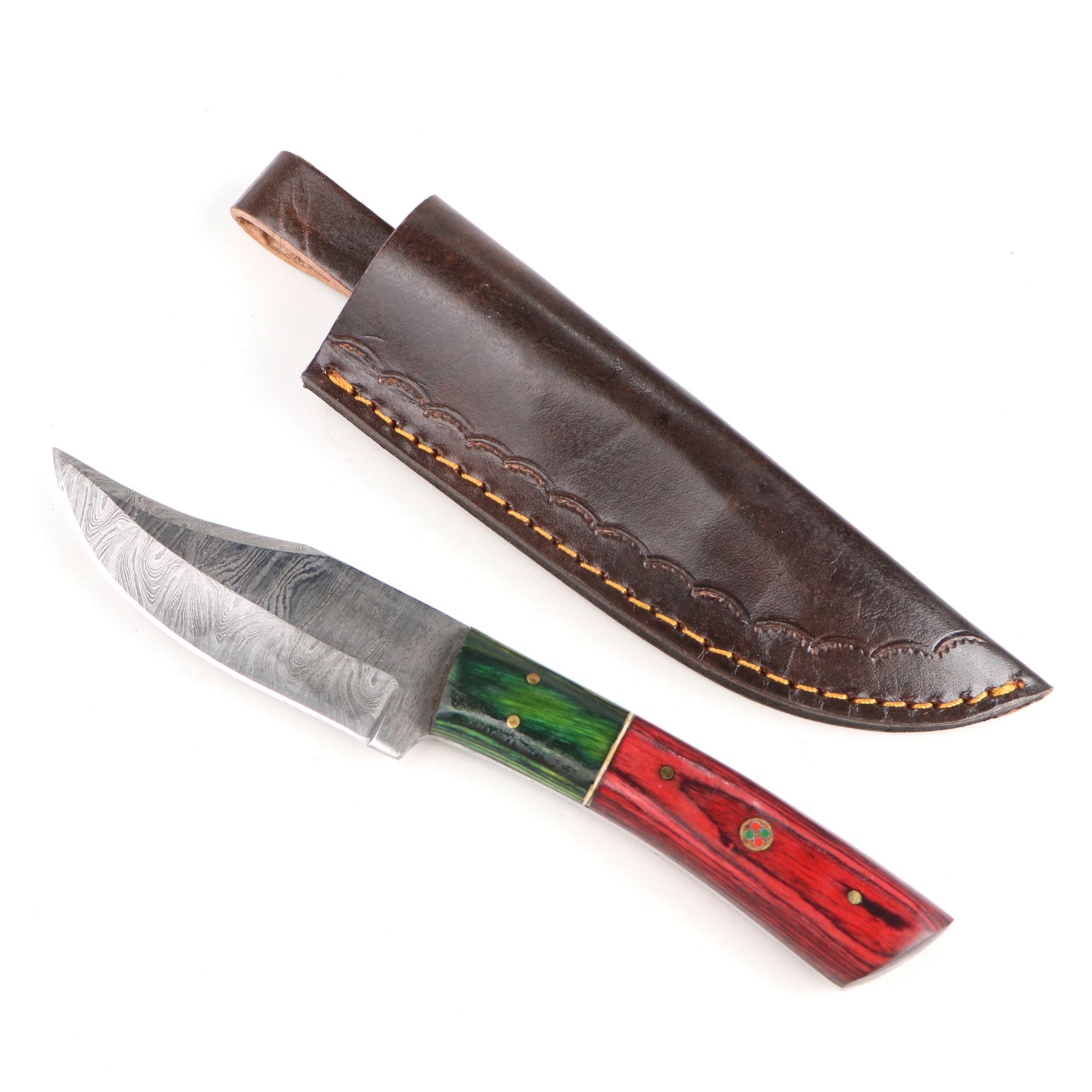 Damascus Steel Hunting and Skinner Knives in Leather Scabbards