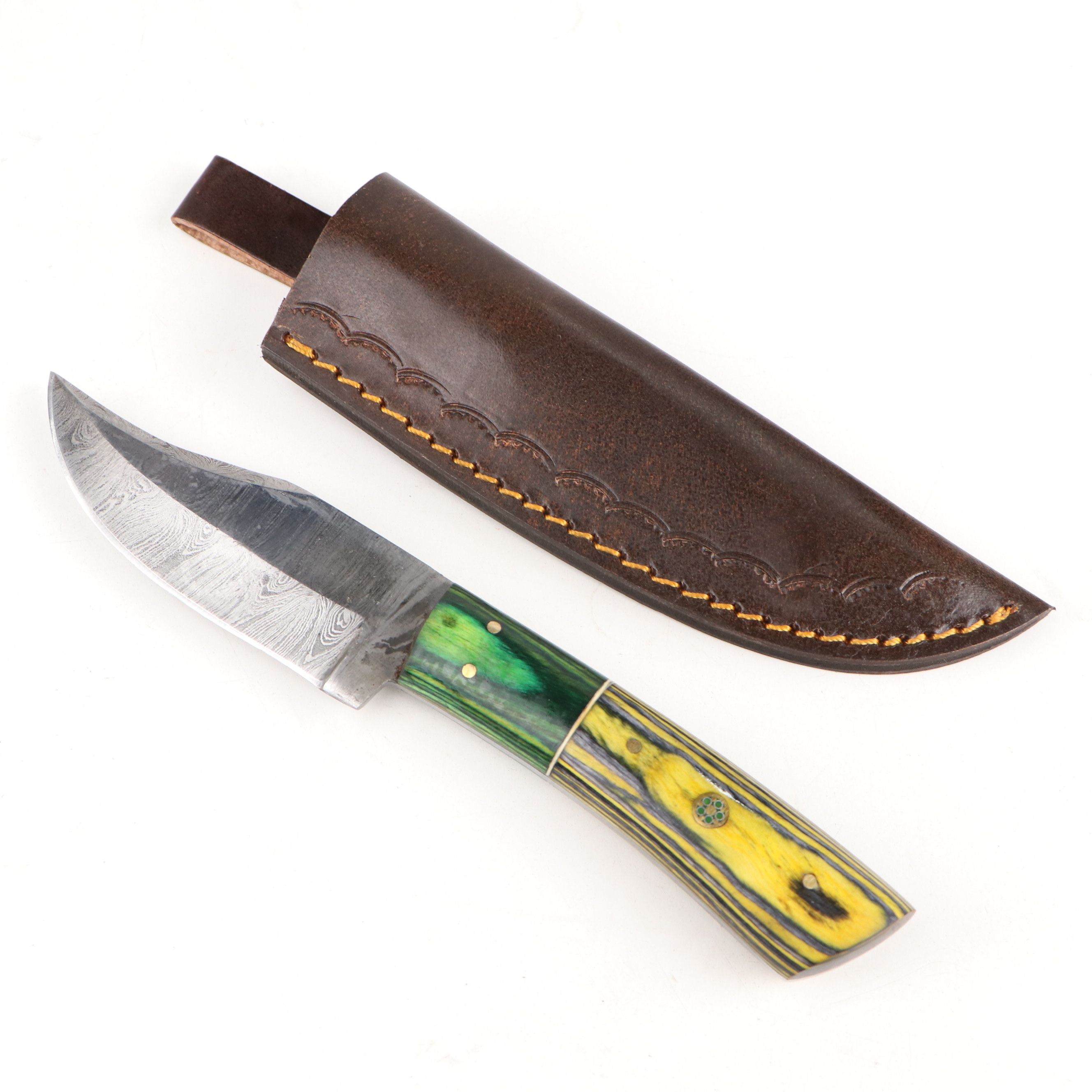 Damascus Steel Hunting and Skinner Knives in Leather Scabbards