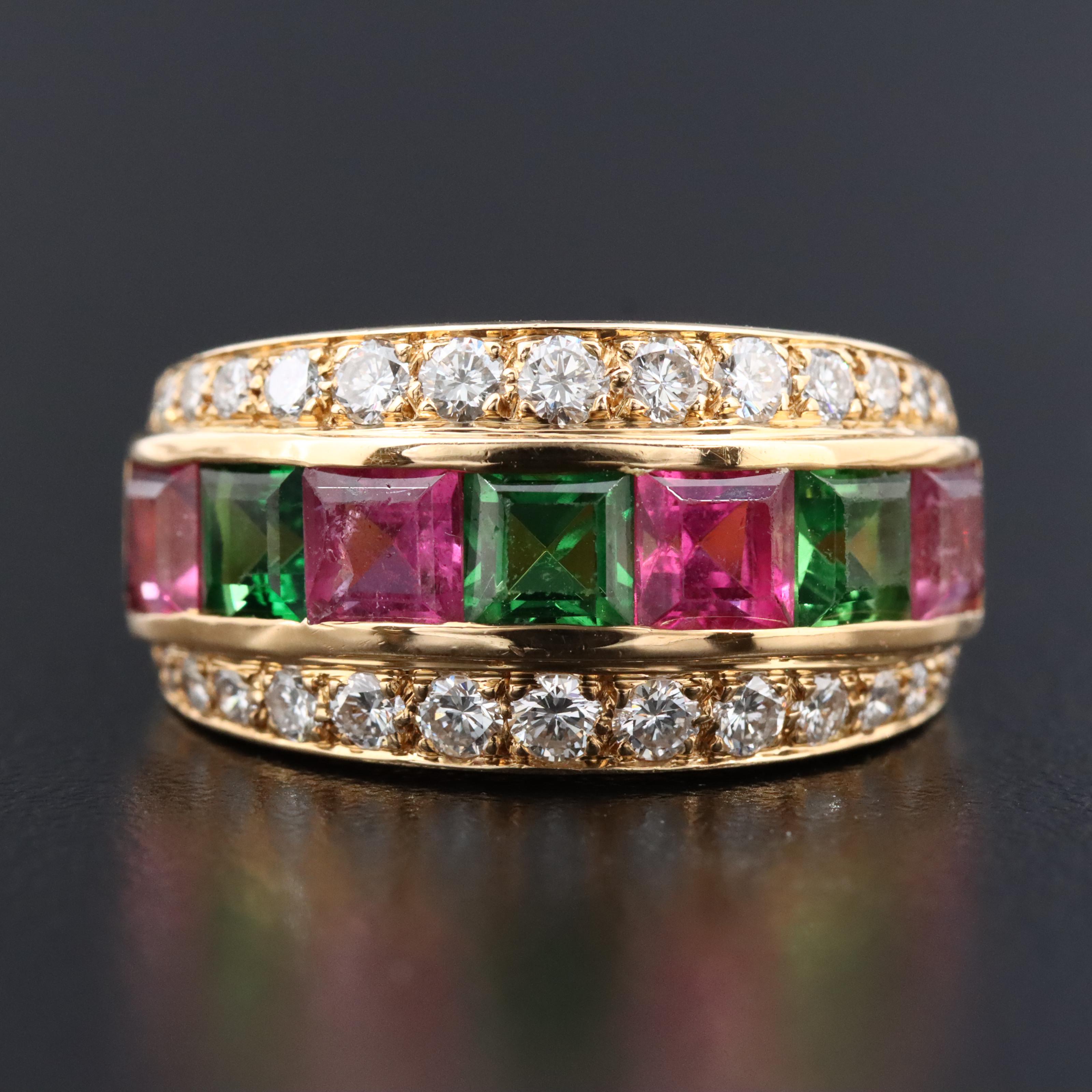 Van Cleef & Arpels 18K Tsavorite, Pink Tourmaline and 0.68 CTW Diamond Ring