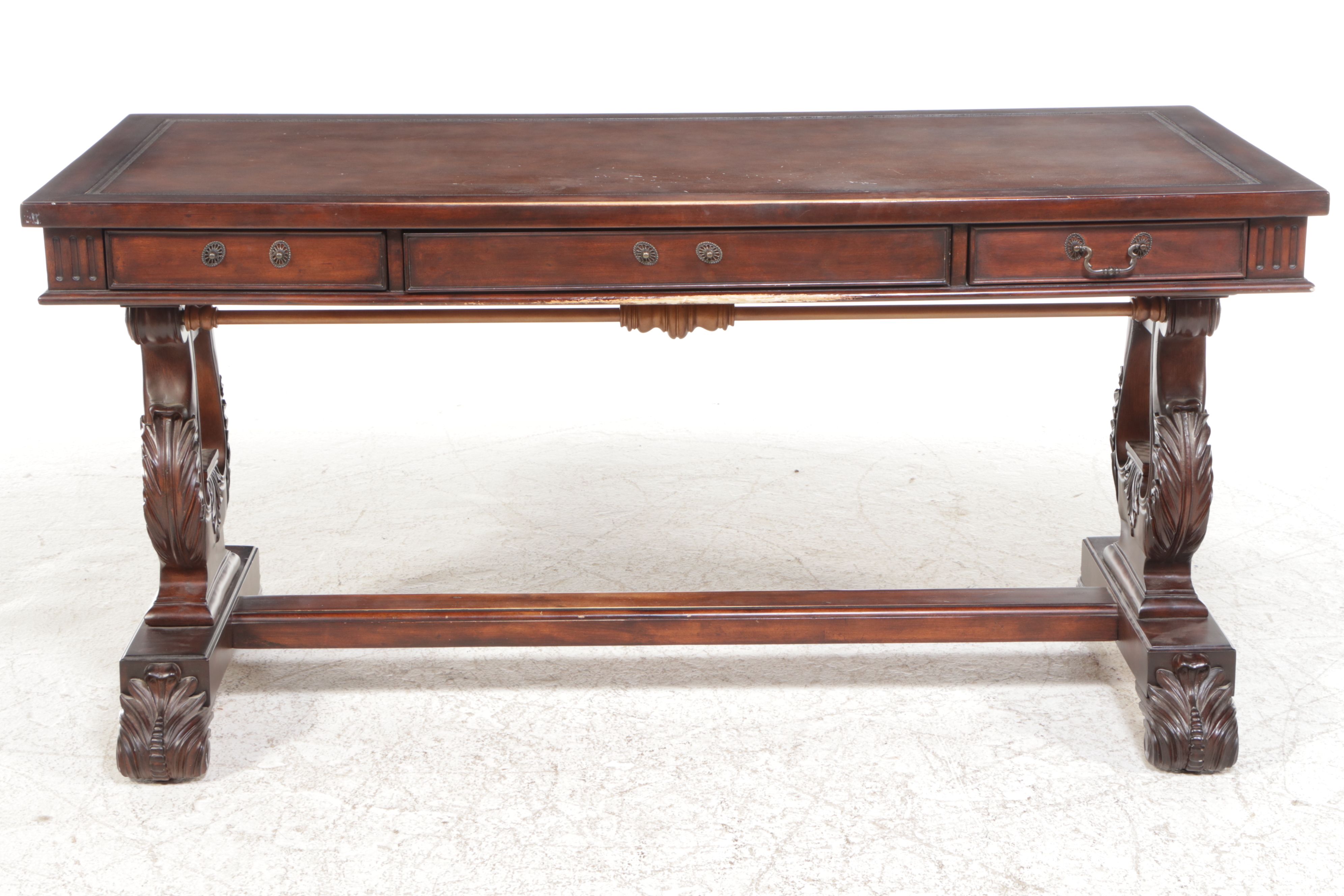 Duncan Phyfe Style Walnut Finish Lyre Leg Computer Desk