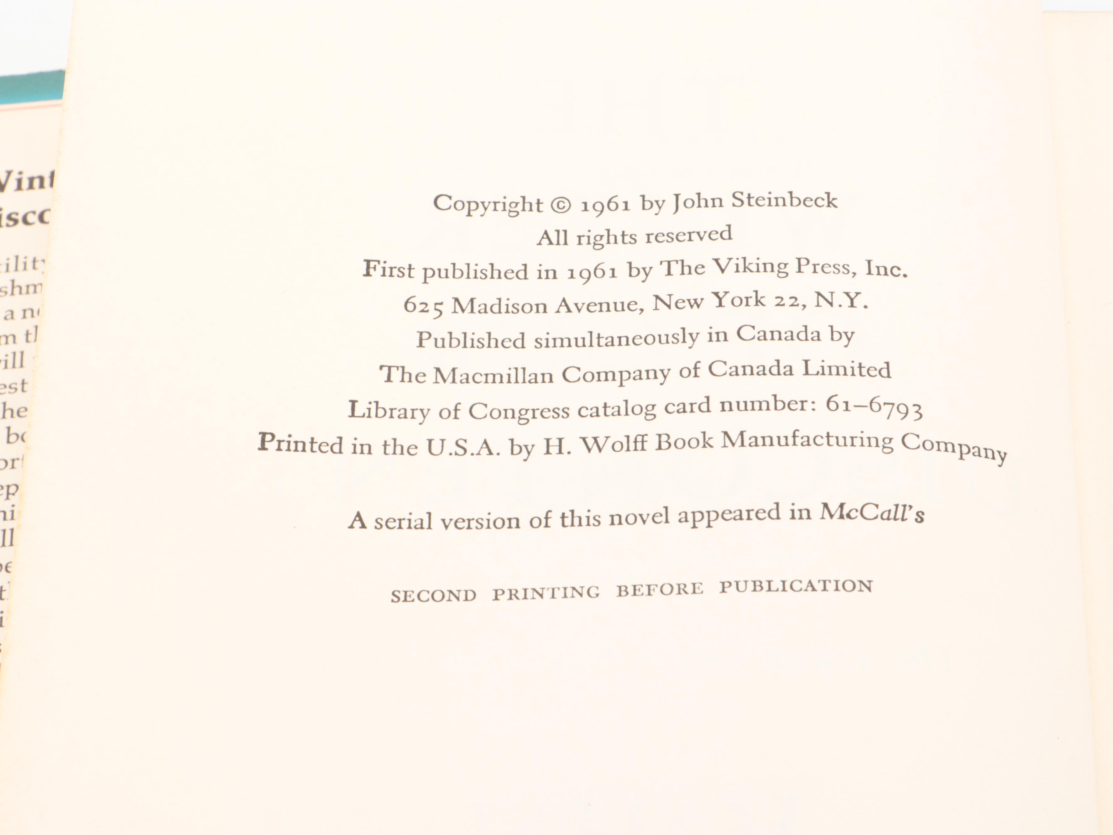 First Edition "The Winter of Our Discontent" by John Steinbeck and More Books