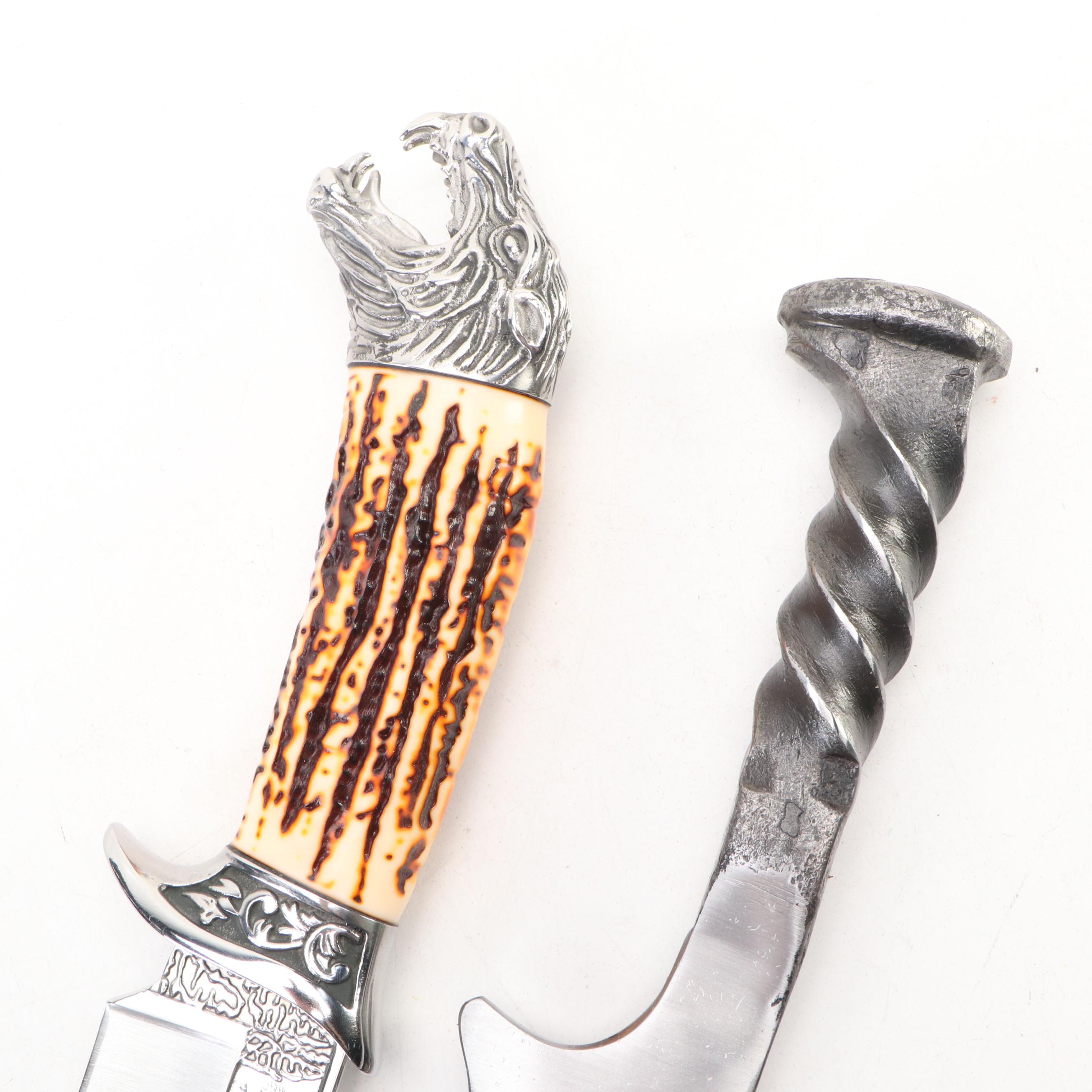 Wolf Head and and Twisted Metal Handled Fixed Blade Knives in Scabbards