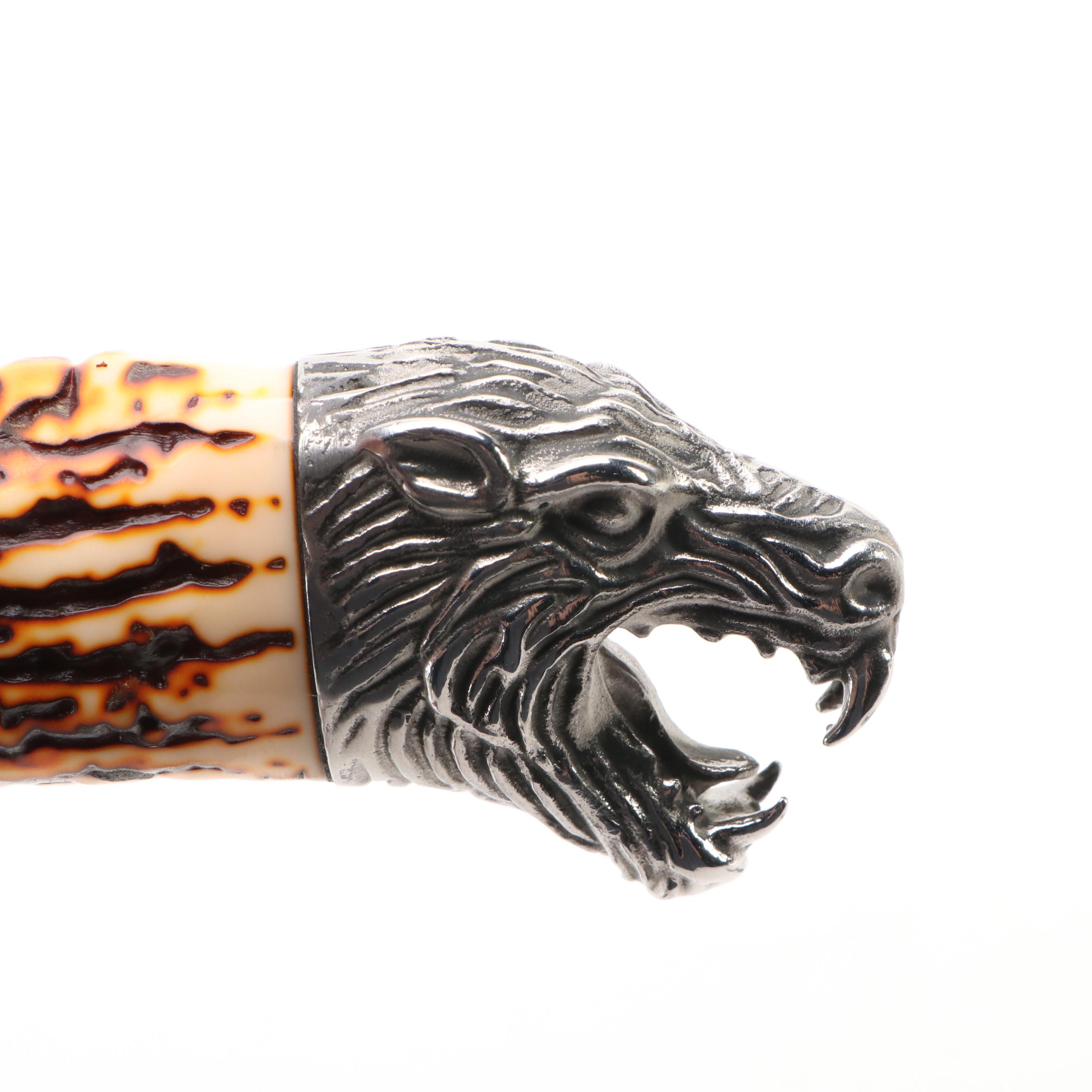 Wolf Head and and Twisted Metal Handled Fixed Blade Knives in Scabbards