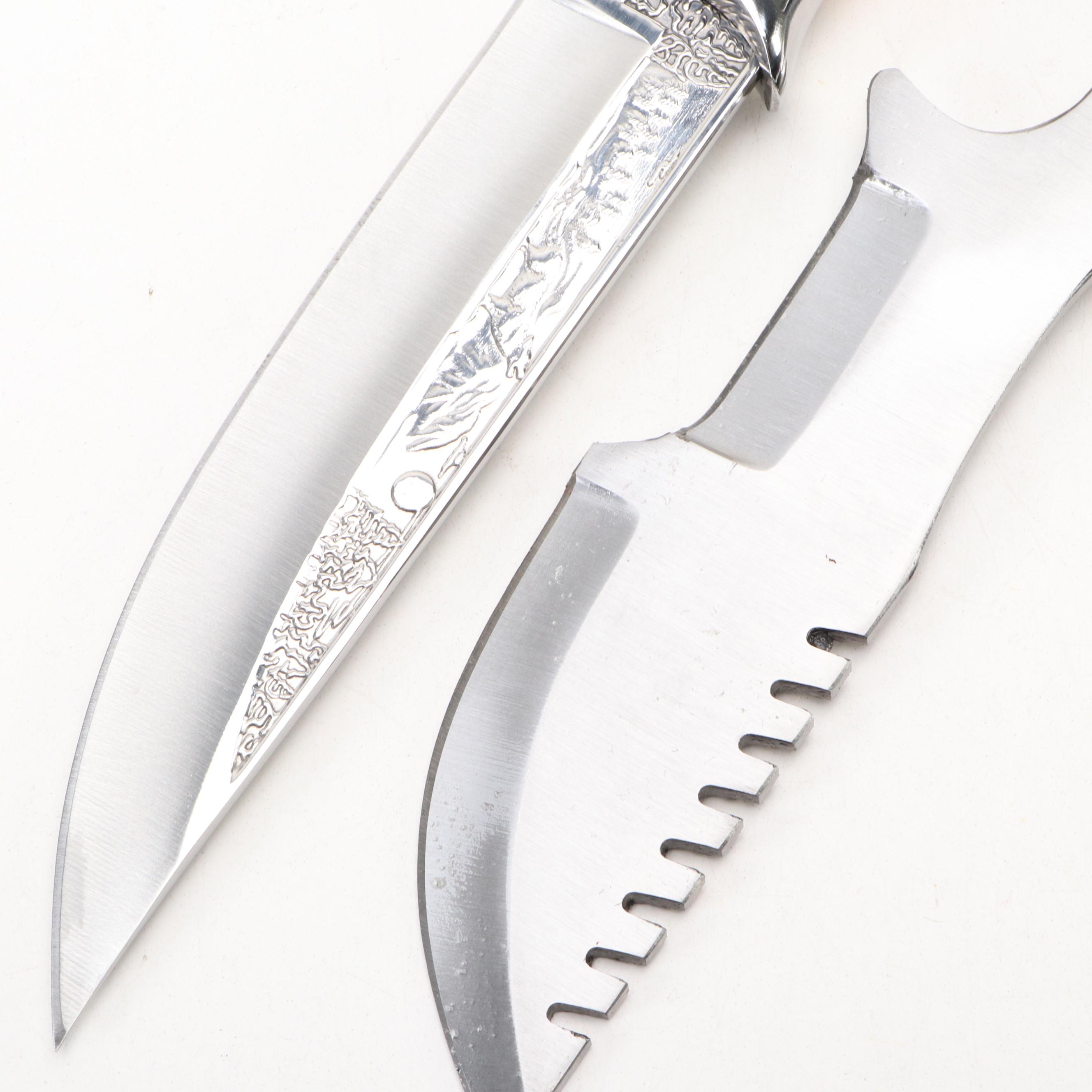 Wolf Head and and Twisted Metal Handled Fixed Blade Knives in Scabbards