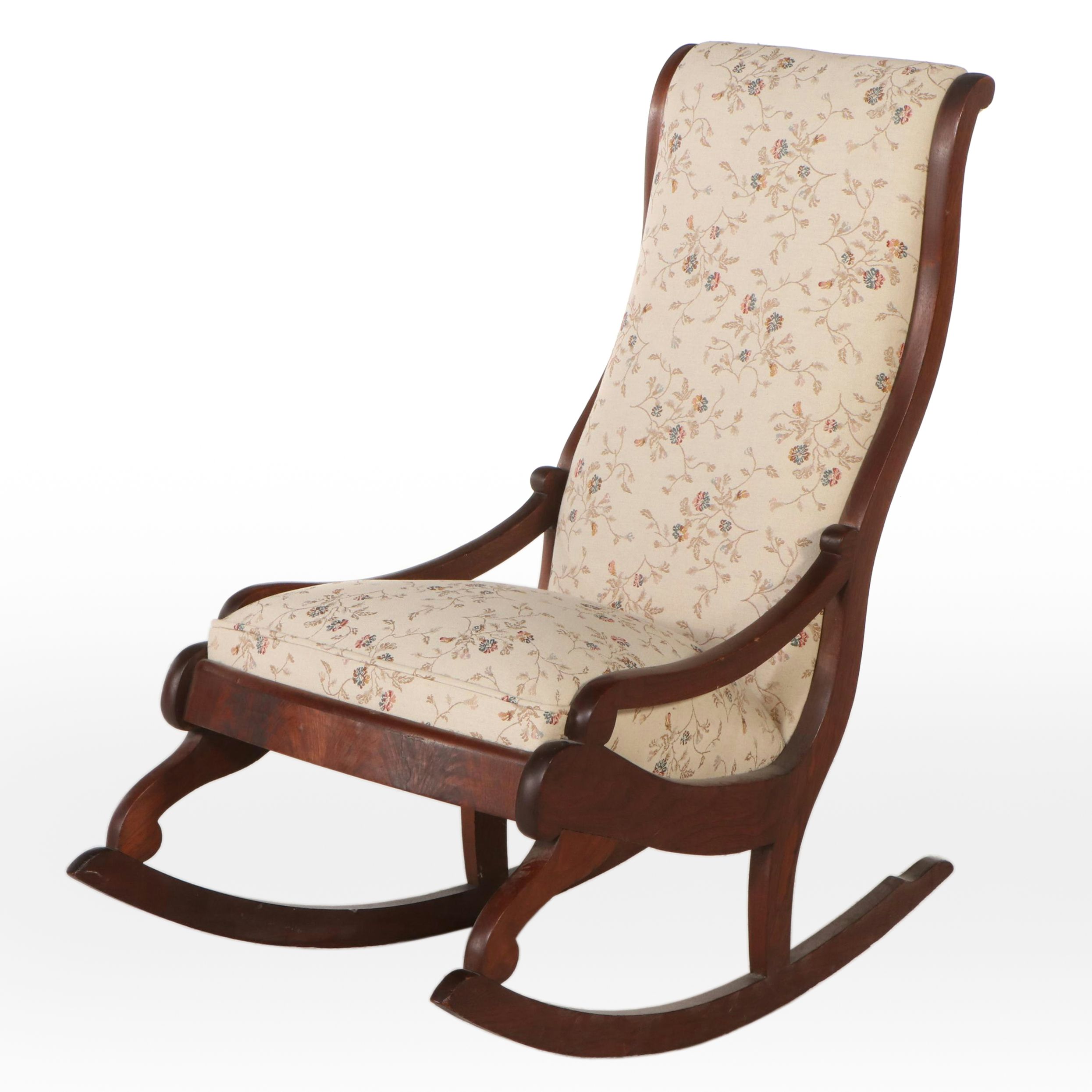 American Empire Style Upholstered Mahogany Rocking Chair, Late 19th C.