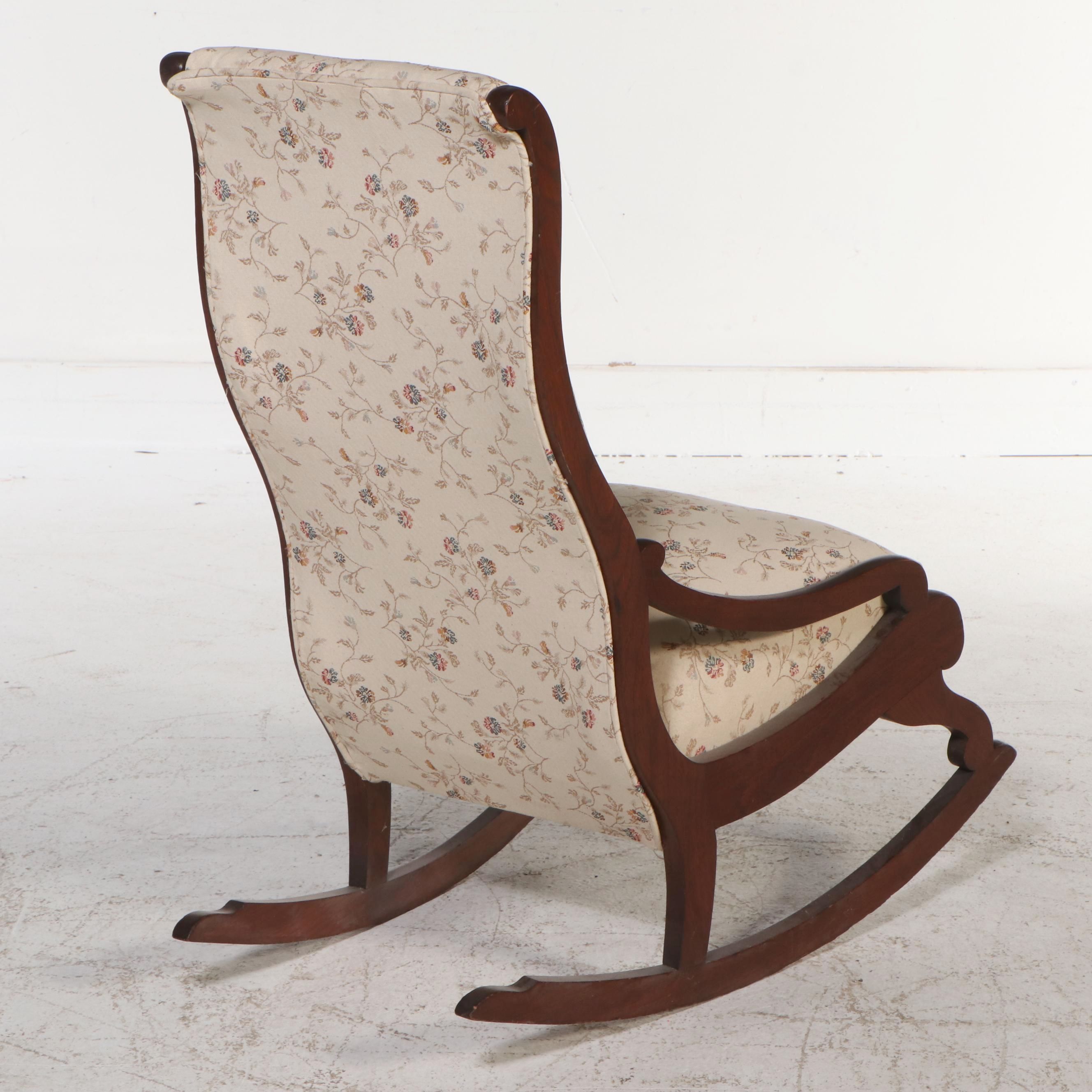 American Empire Style Upholstered Mahogany Rocking Chair, Late 19th C.