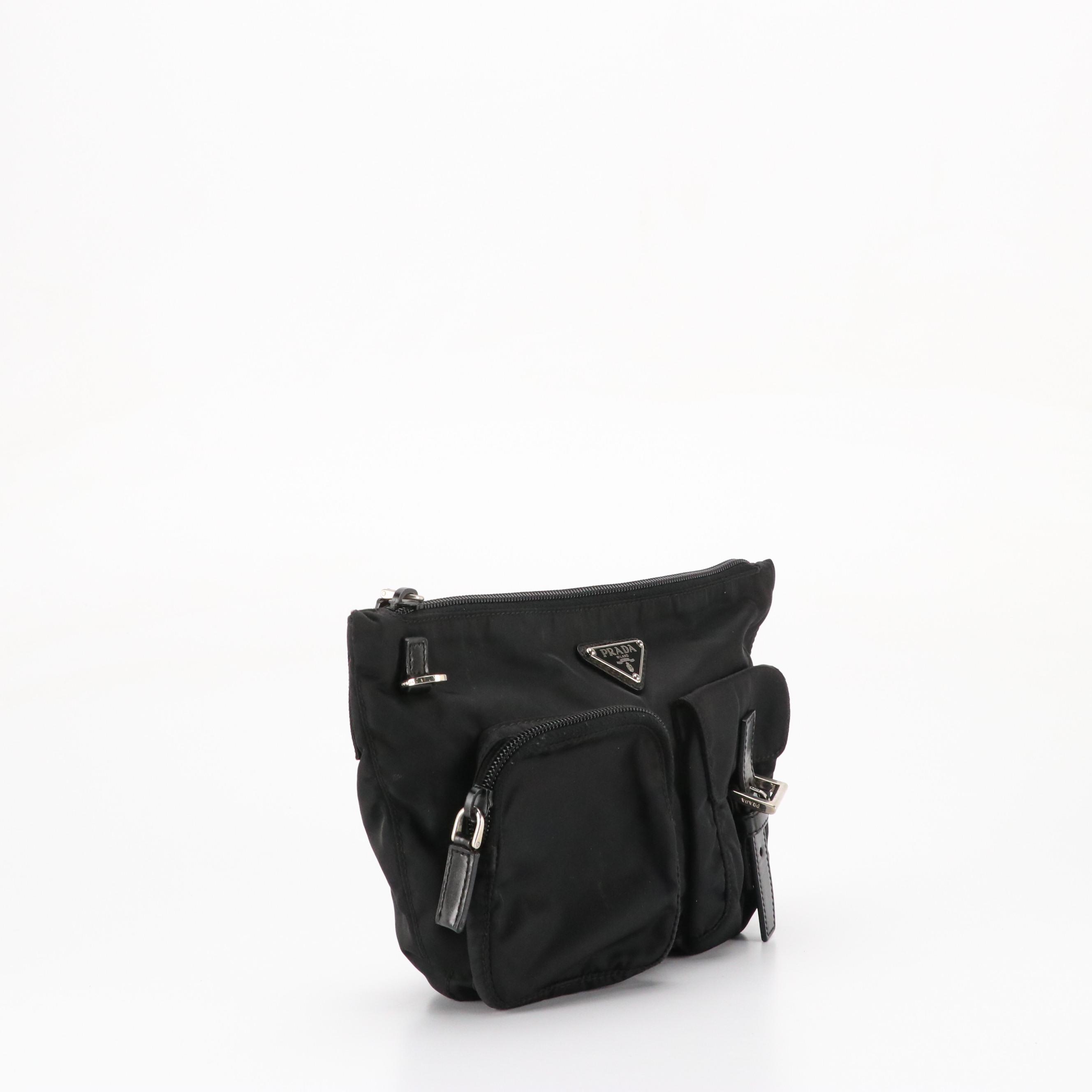 Prada Front Double Pocket Zip Clutch in Black Tessuto Nylon and Leather