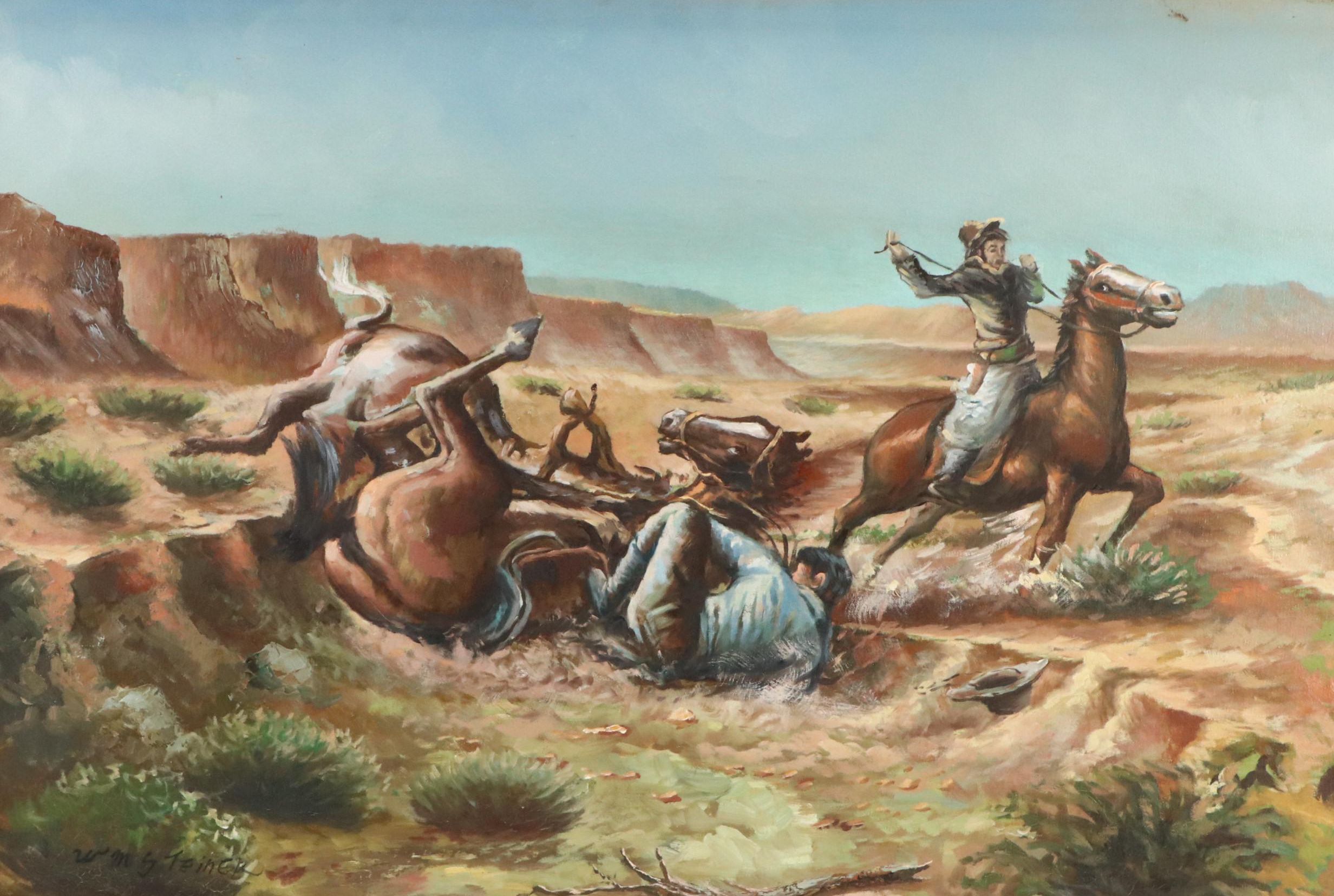 William Steiner Southwestern Oil Painting of Taming Horses, Late 20th Century