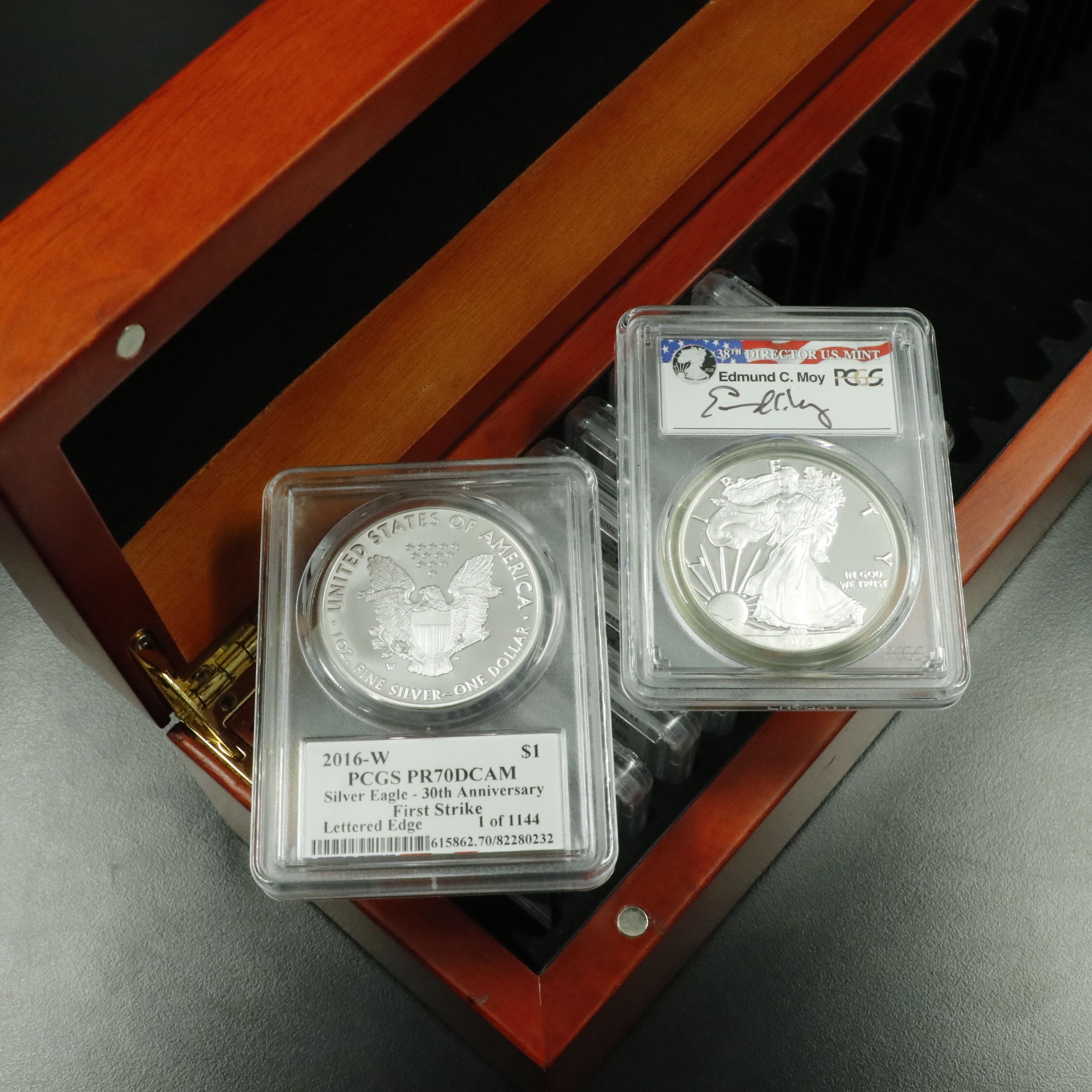 Eleven PCGS PR70DCAM Moy Signed 2016-W $1 U.S. Silver Eagles
