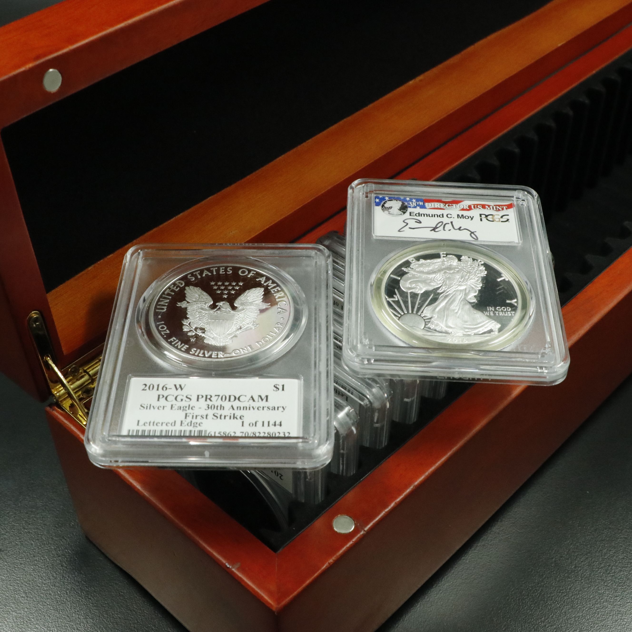 Eleven PCGS PR70DCAM Moy Signed 2016-W $1 U.S. Silver Eagles