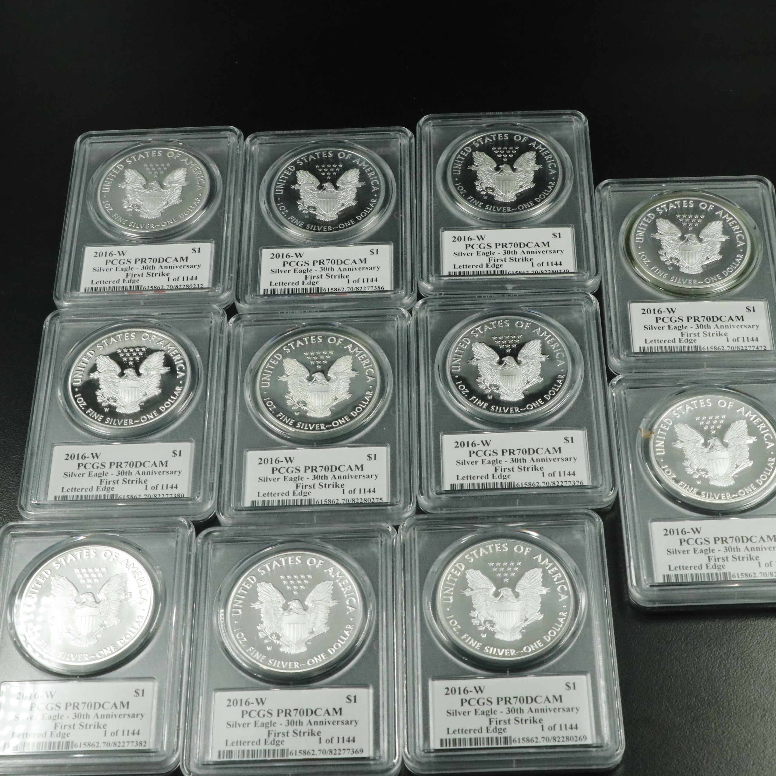 Eleven PCGS PR70DCAM Moy Signed 2016-W $1 U.S. Silver Eagles